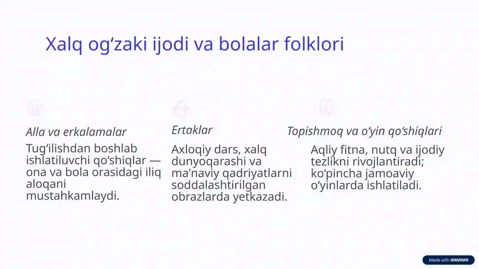 Bolalar adabiyoti va xalq og‘zaki ijodi va uning o‘ziga xos xususiyatlari. Qadimgi davr folklori 4