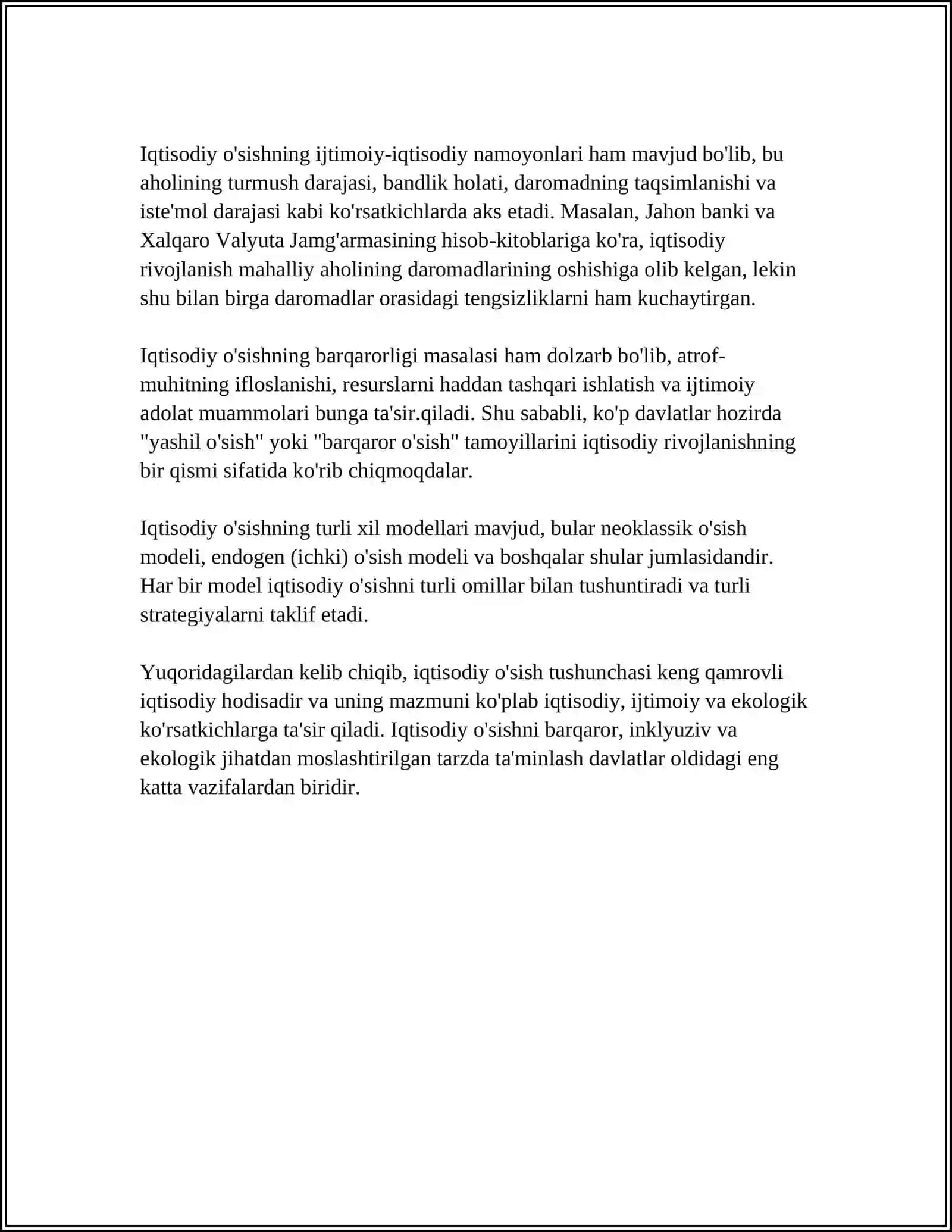 MUSTAQIL ISH Mavzu: IQTISODIY OʻSISHNING HUQUQIY-INSTITUTSIONAL OMILLARI 4