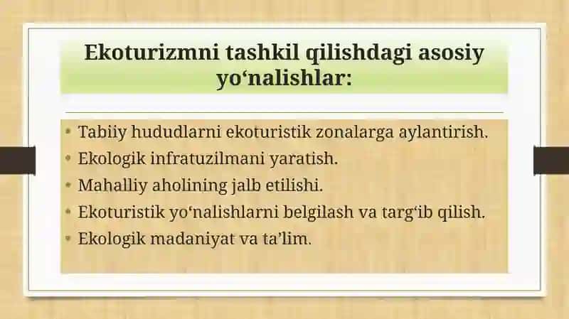EKOTURIZMNI RIVOJLANTIRISHDAGI MUAMMOLAR VA YECHIMLARI 4