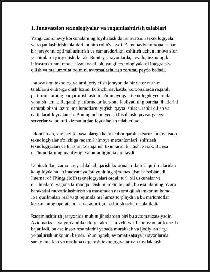 Yangi Zamonaviy Korxonalarni Loyihalashdagi Qo'yiladigan Talablar 4