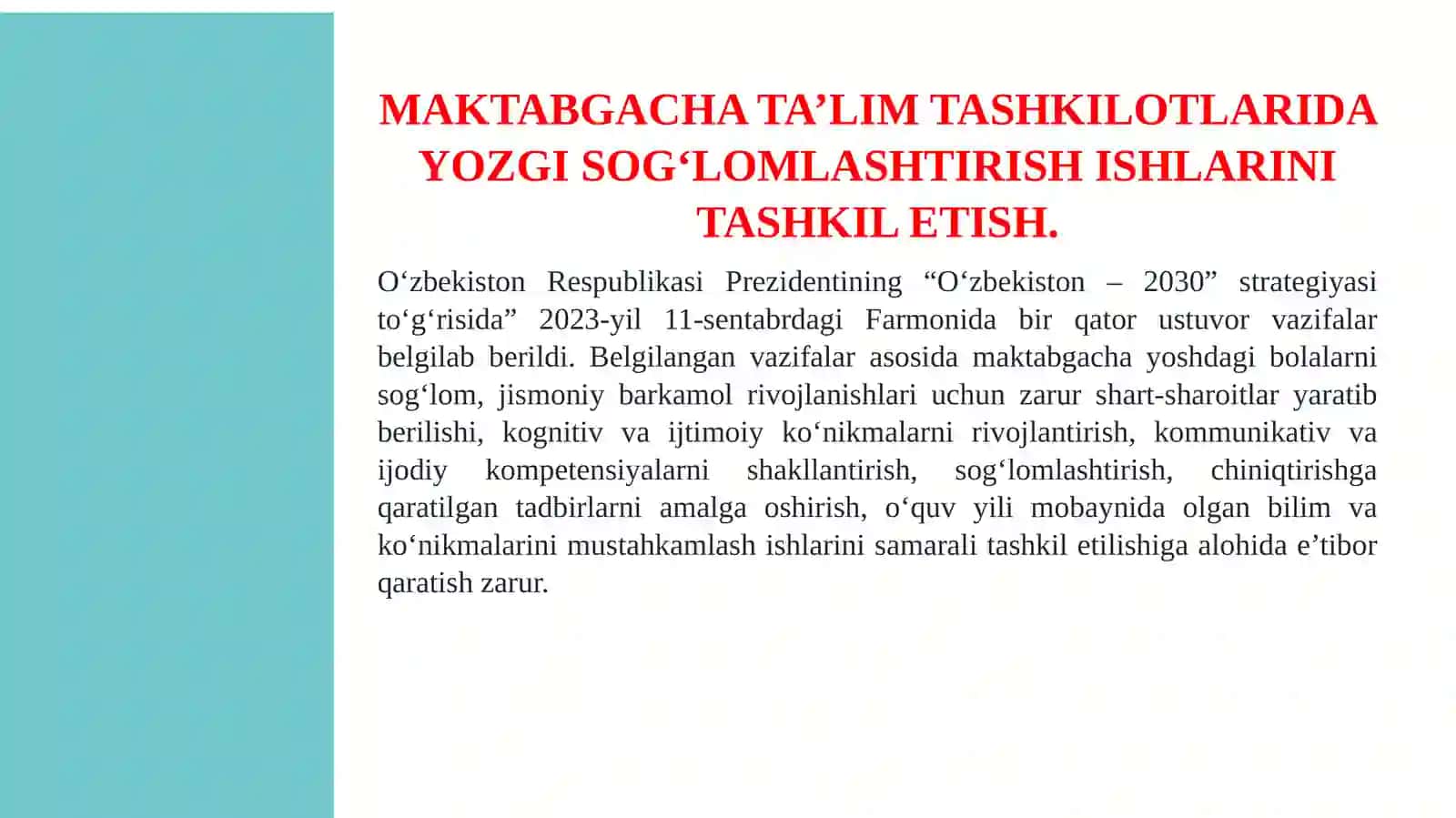 MAKTABGACHA TA'LIM TASHKILOTLARIDA YOZGI SOGʻLOMLASHTIRISH ISHLARINI TASHKIL ETISH. 4