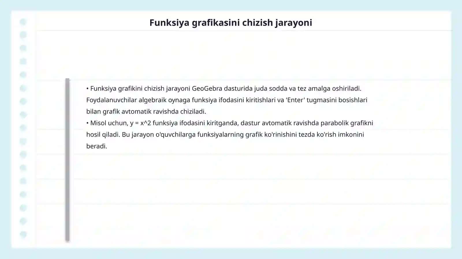 Funksiya grafigini chizish mavzusini GeoGebra dasturi yordamida o’qitish 4