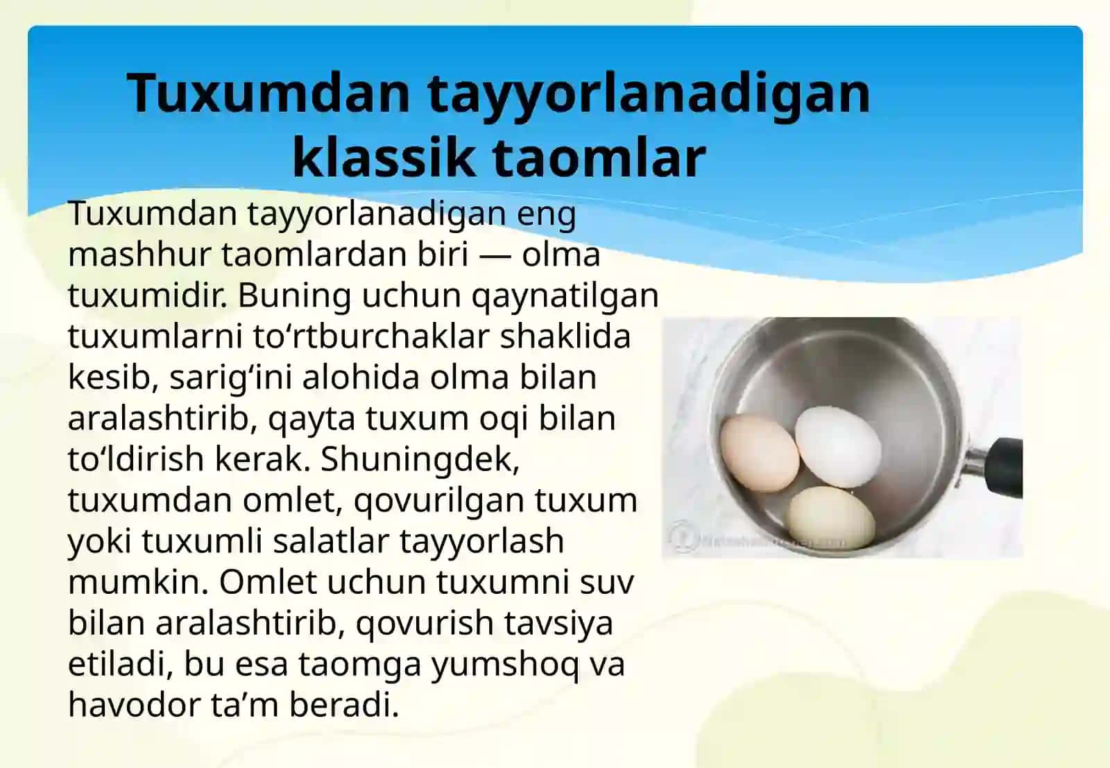 Tuxumdan tayyorlangan taomlar. Tuxumni qaynatib pishirish 4