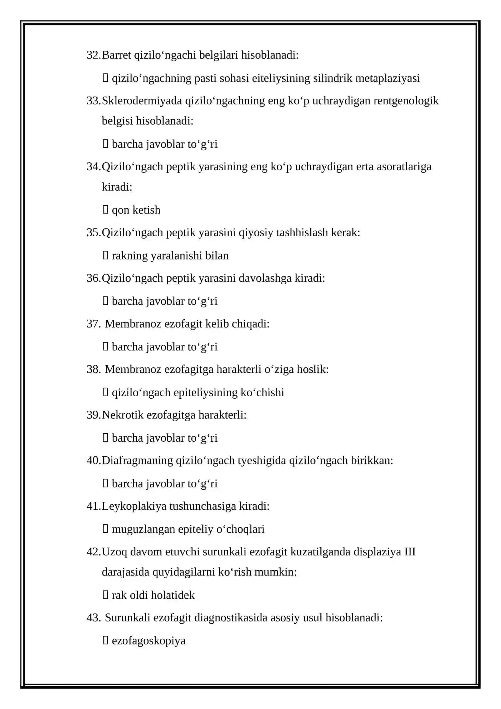 Gastroenterologiya mutaxassisligi boʻyicha shakllantirilgan test savollari roʻyxati 4