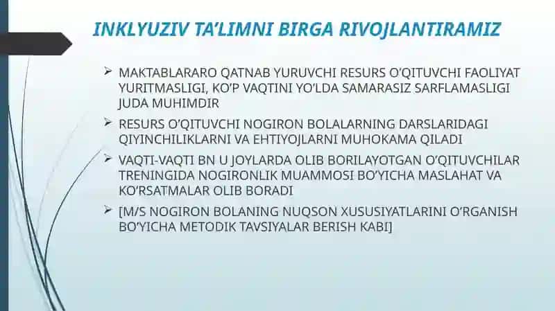 INKLYUZIV TA’LIM TIZIMIDA FAOLIYAT KO’RSATUVCHI RESURS O’QITUVCHI VA IJTIMOIY PEDAGOGNING VAZIFALARI VA MAQSADLARI 4