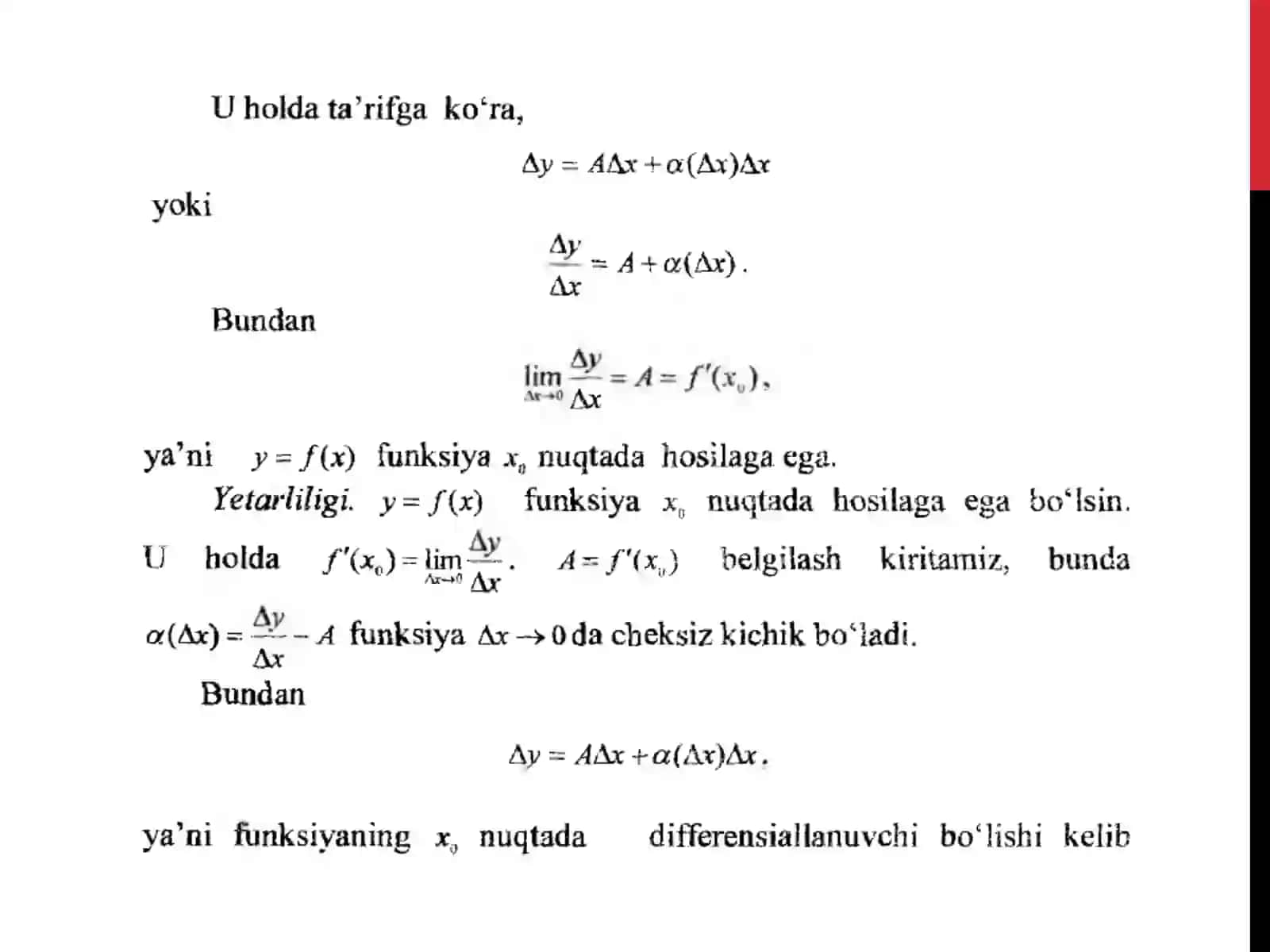 FUNKSIYANING DIFFERENSIALLANUVCHANLIGI. DIFFERENSIALLASHNING ASOSIY QOIDALARI. TESKARI FUNKSIYANING HOSILASI. MURAKKAB FUNKSIYANING HOSILASI 4