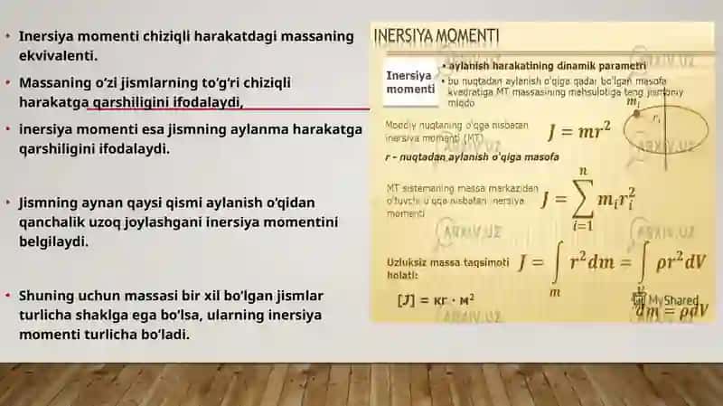 Inersiya momentining fizik ma’nosi, turli shakldagi jismlarning “xalqa’’ disk, ingichka devorli silindr, strjen parallelopiped, sfera, sharning inersiya momentlarini hisoblash formalarini keltirib chiqarish 4