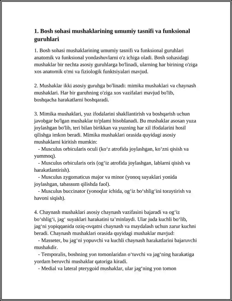 BOSH SOHASI MUSHAKLARI. MIMIKA VA CHAYNOV MUSHAKLARINING XUSUSIYATLARI, TOPOGRAFIK VA FUNKSIONAL ANATOMIYASI 4