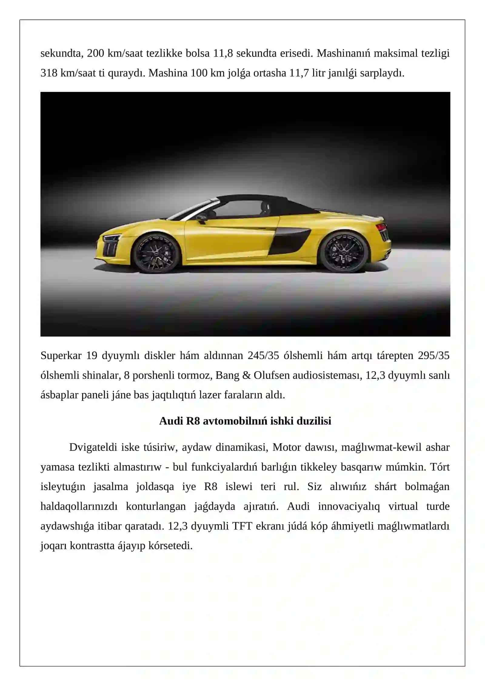 Audi R8 avtomobilnıń ishki hám sırtqı duzilisi 4