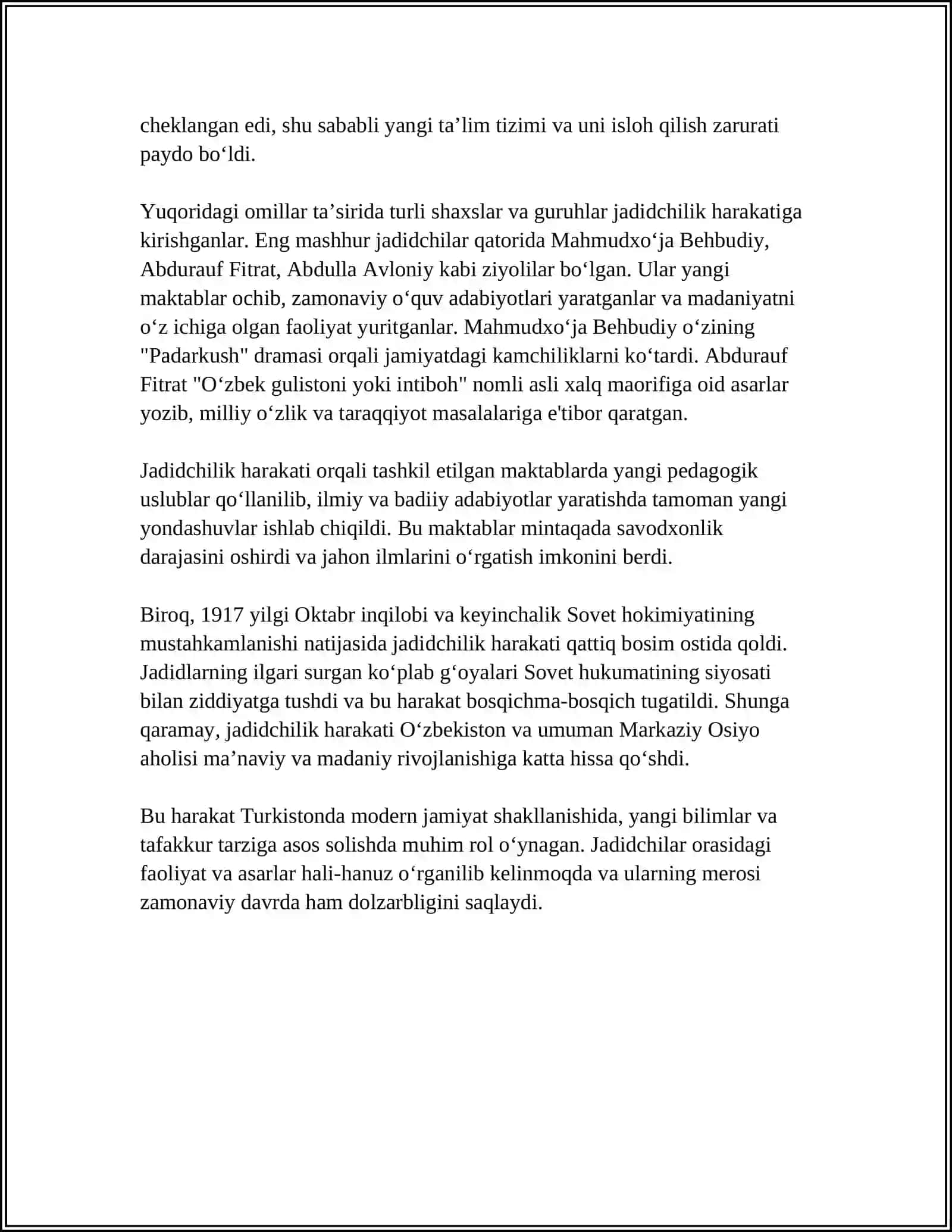 JADID MA'RIFATPARVARLARINING OʻLKA IJTIMOIY-MA'NAVIY HAYOTIDA TUTGAN ÒRNI. (MUNAVVAR QORI, FITRAT, BEHBUDIY, AVLONIY VA BOSHQ.) 4