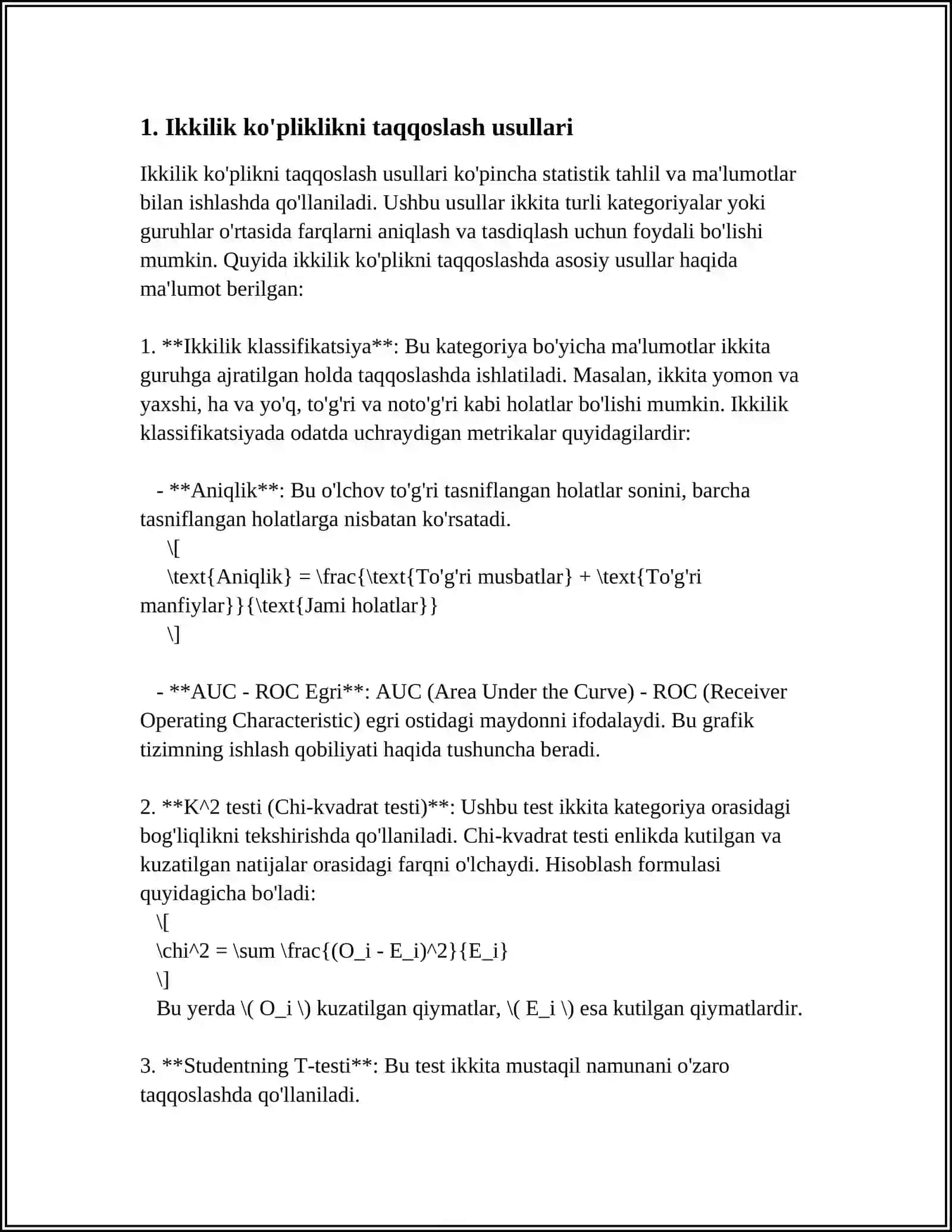 IKKI KO‘PLIKNI TAQQOSLASH. STYUDENT VA FISHER MEZONLARI. NOPARAMETRIK METODLAR 4