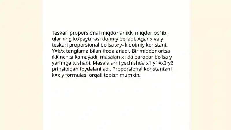 To‘g'ri proporsional miqdorlar. Teskari proporsional miqdorlarga doir masalalarni yechish 4