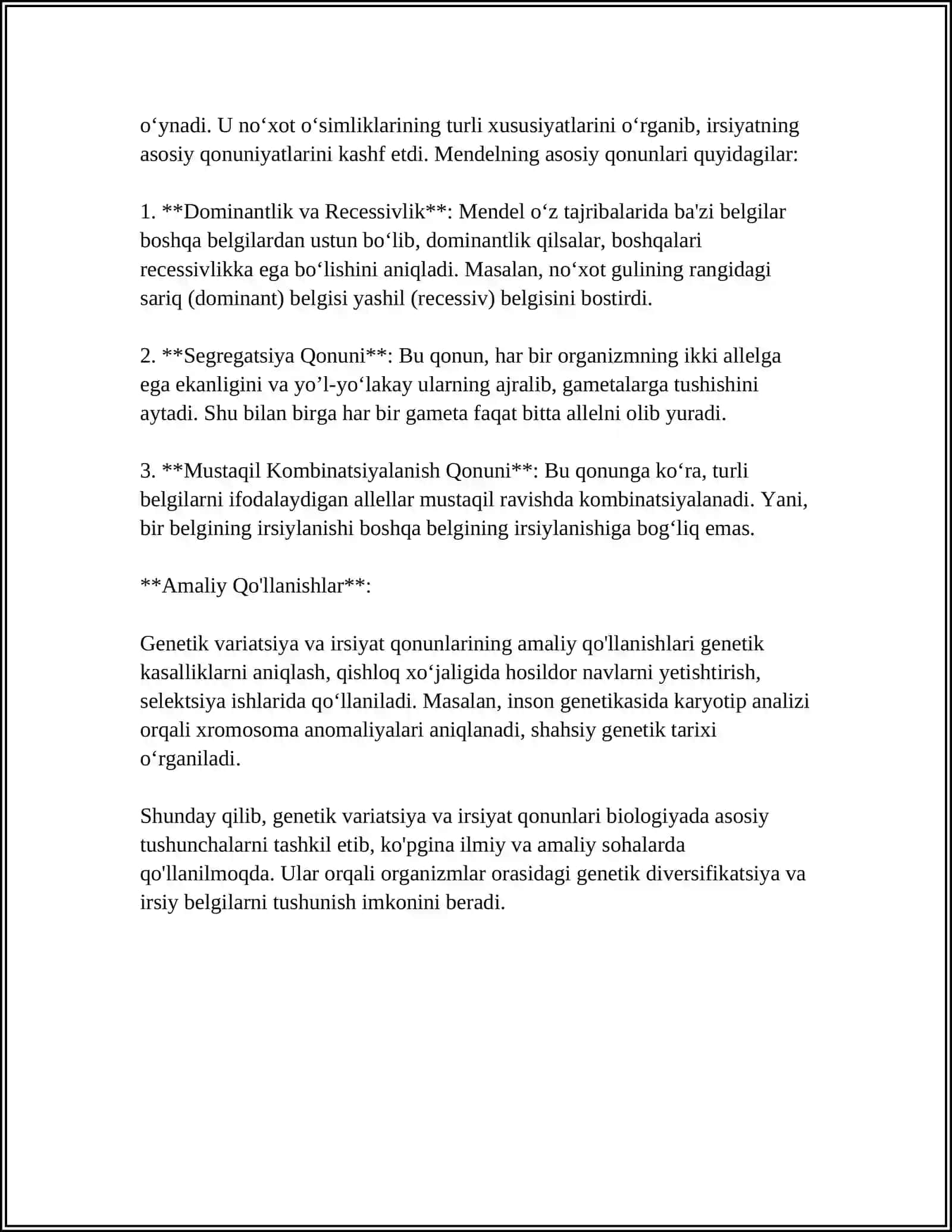 BELGILARNING IRSIYLANISH QONUNLARI. IRSIYAT QONUNLARI. GENETIK INJINERIYANING TIBBIYOTDAGI ROLI. ANTIMUTAGENEZ 4