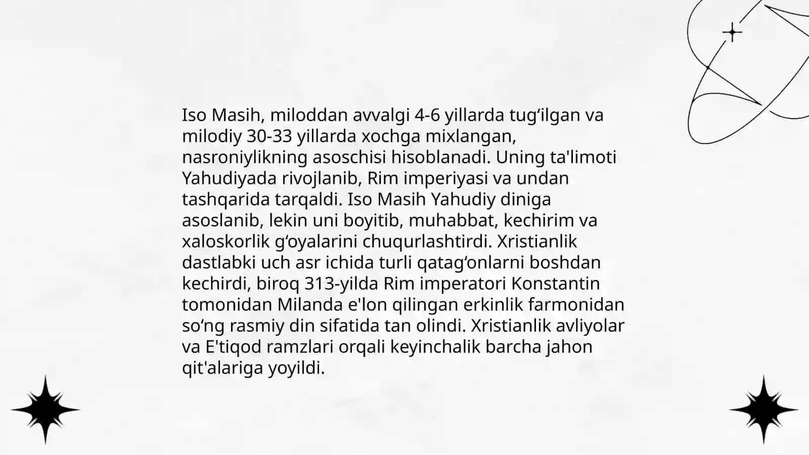 Xristianlikning paydo bo'lishi, aqidalari, asosiy yo'nalishlari, ta'limotlari va manbalari. Xristianlik dinining O'rta Osiyoga kirib kelishi va tarqalishi bilan bog'liq ma'lumotlar yig'ish 4