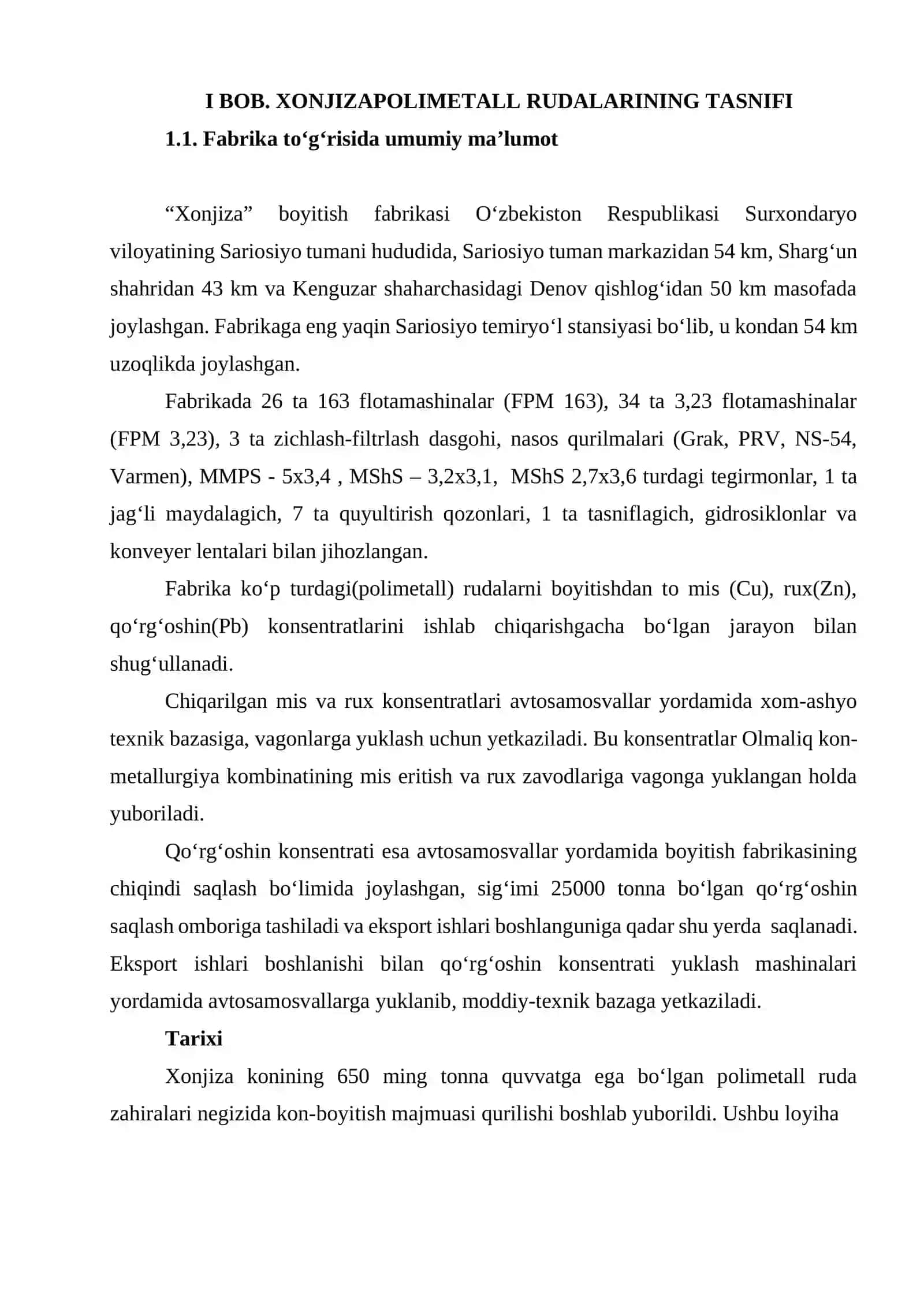 Xonjiza koni polimetall rudalarni boyituvchi fabrikaning ruda tayyorlash bo’limini loyihalash 4