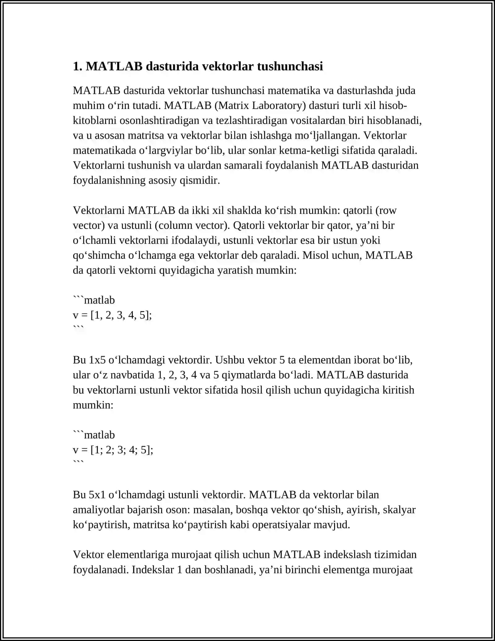 MATLAB DADTURIDA VEKTORLAR BILAN ISHLASH 4