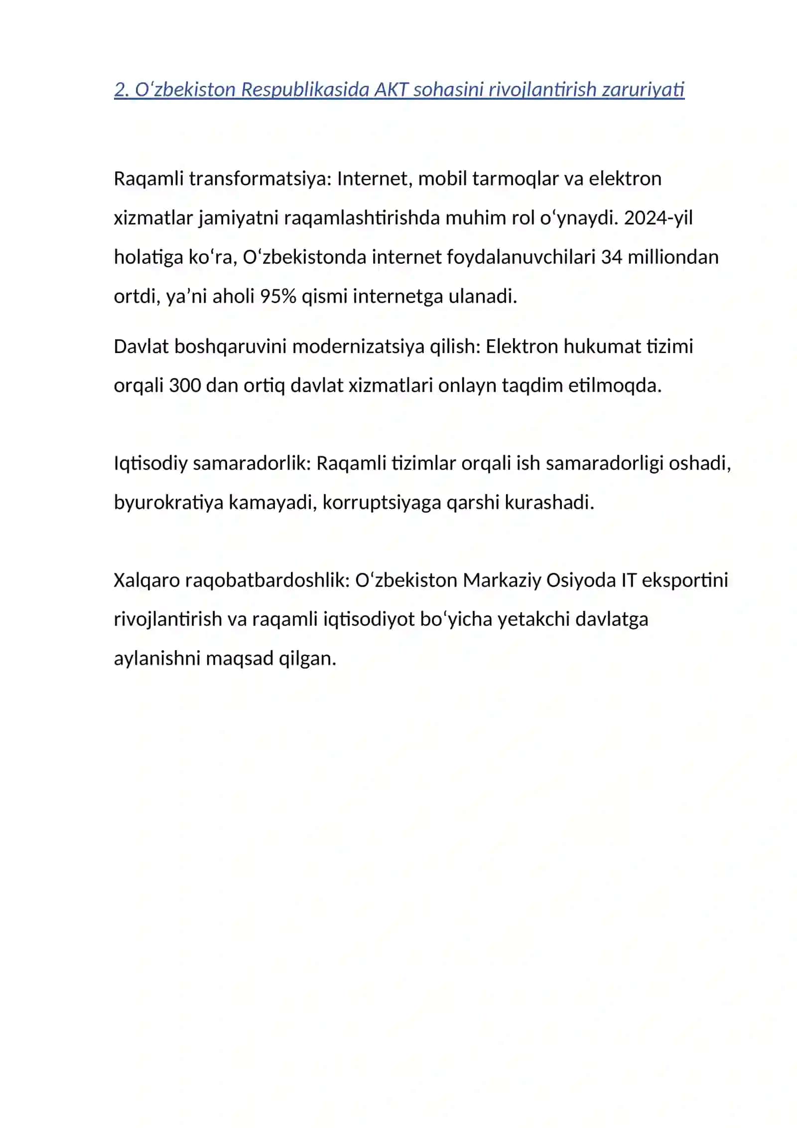 “ Oʻzbekistonda axborot kommunikatsiya sohasini rivojlantirishdagi asosiy yoʻnalishlari va amaldagi qonunlar, Oʻzbekiston respublikasi prezidenti farmonlari va Vazirlar mahkamasi qarorlari” 4