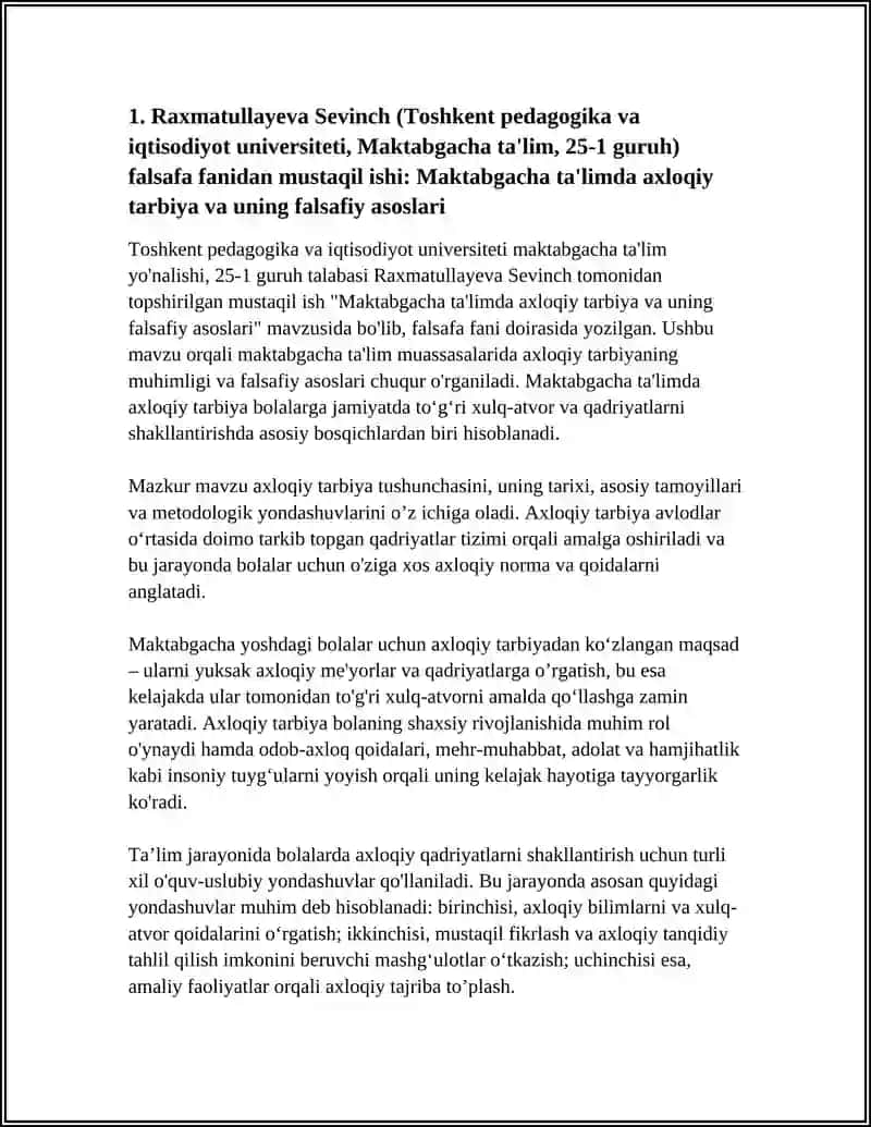 Raxmatullayeva Sevinch (Toshkent pedagogika va iqtisodiyot universiteti, Maktabgacha ta'lim, 25-1 guruh) falsafa fanidan mustaqil ishi 4