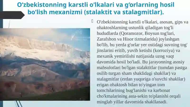 O’zbekiston g’orlari. O’zbekiston muzliklari Tropik va O’rta kengliklardagi cho’l va chala cho’llardaeoljarayonlari.qirg’oqlarnio’rganishningilmiyvaamaliyahamiyati 4
