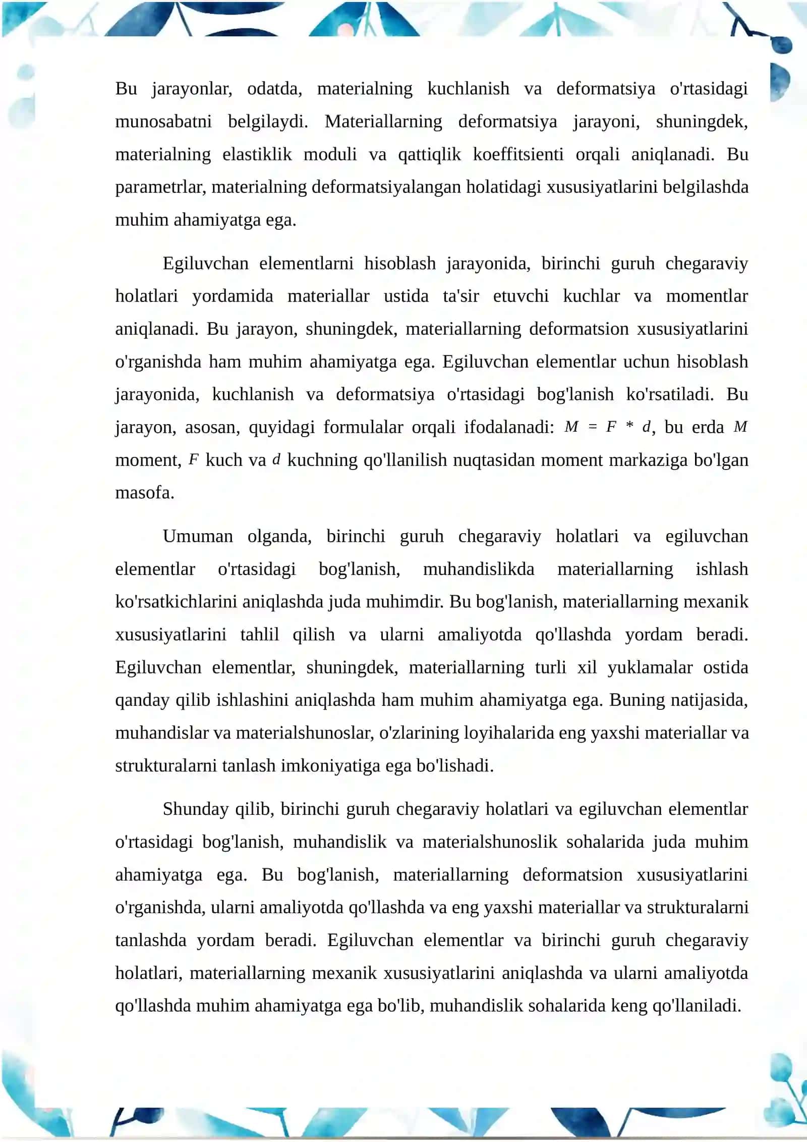 Birinchi guruh chegaraviy holatlari bo' yicha oldindan zo’riqtirilgan egiluvchan elementlarni hisoblash 4