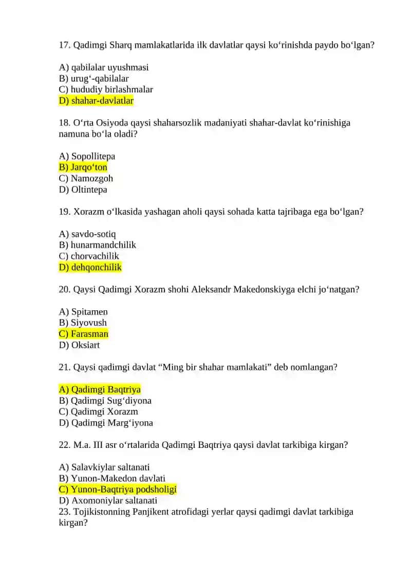 MARKAZIY OSIYO – JAHON SIVILIZATSIYASINING AJRALMAS QISMI Test savollari 4