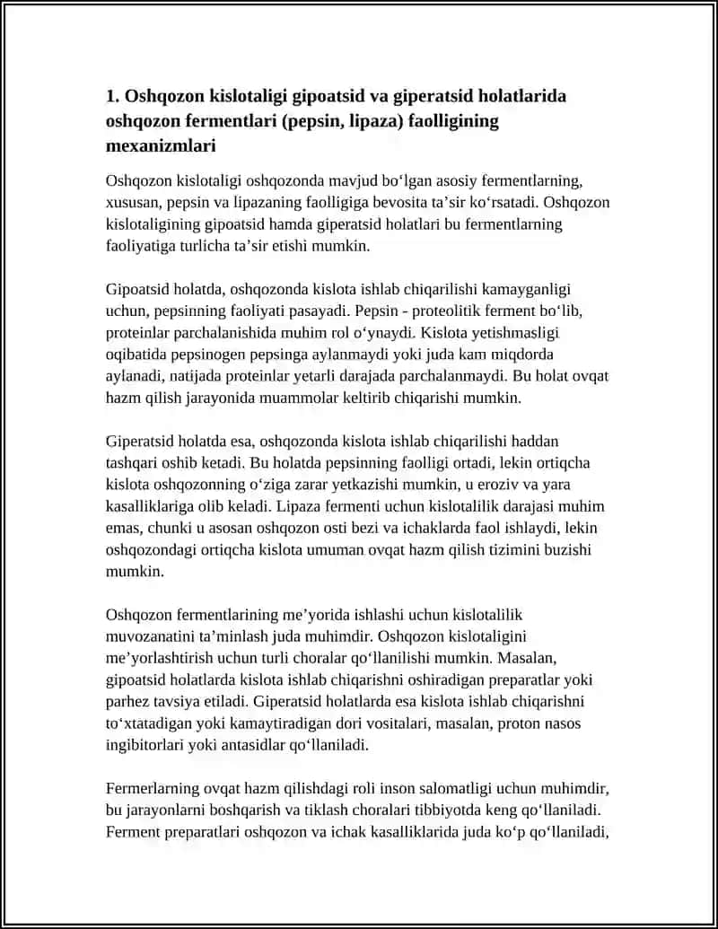 FERMERLAR FAOLLIGI OSHQOZON KISLOTALIGINI GIPO VA GIPERATSID HOLATLARDA OʻZGARISHI VA TIKLASH CHORALARI 4