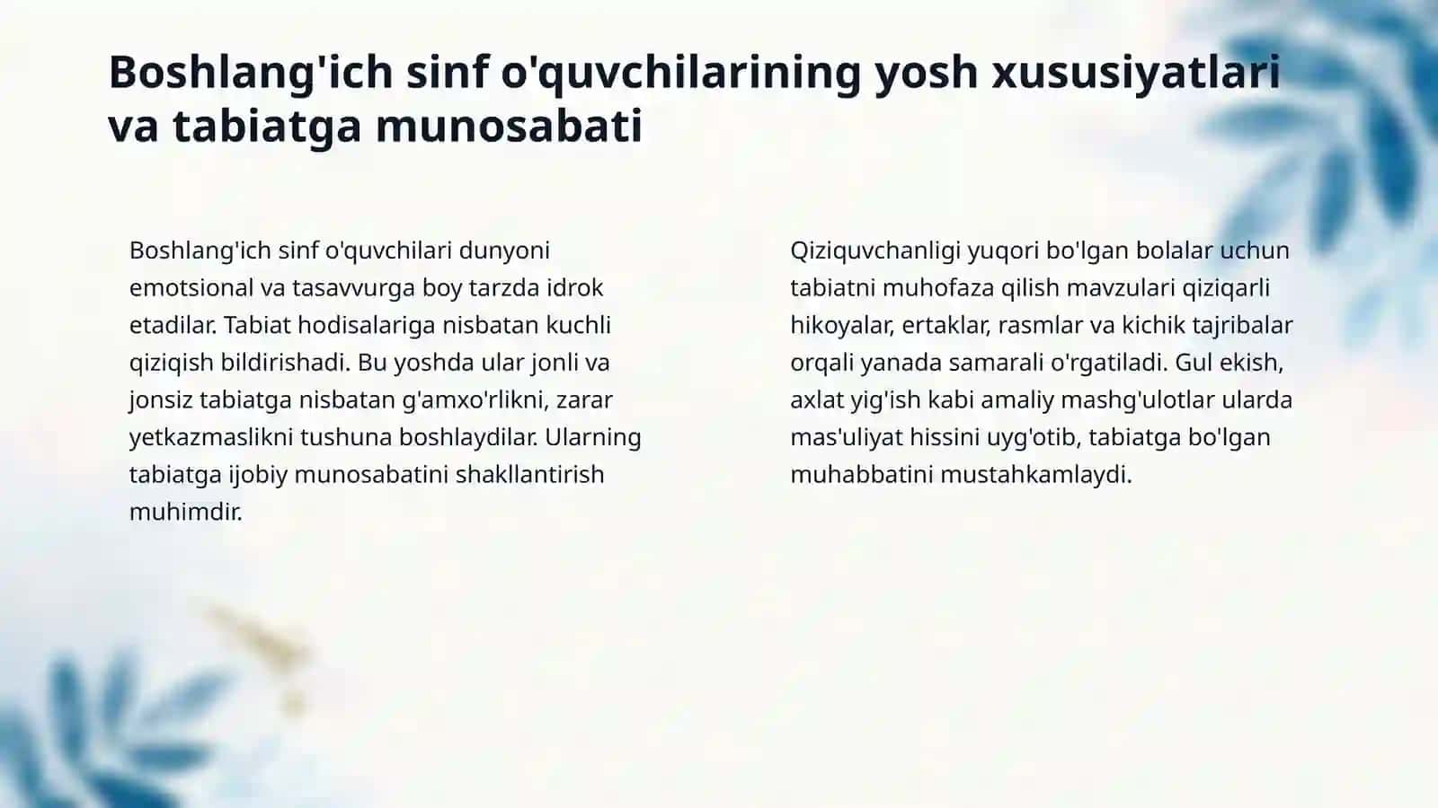 Boshlanĝich sinf òquvchilariga tabiatni  muhofaza qilish usullarini òrgatish 4