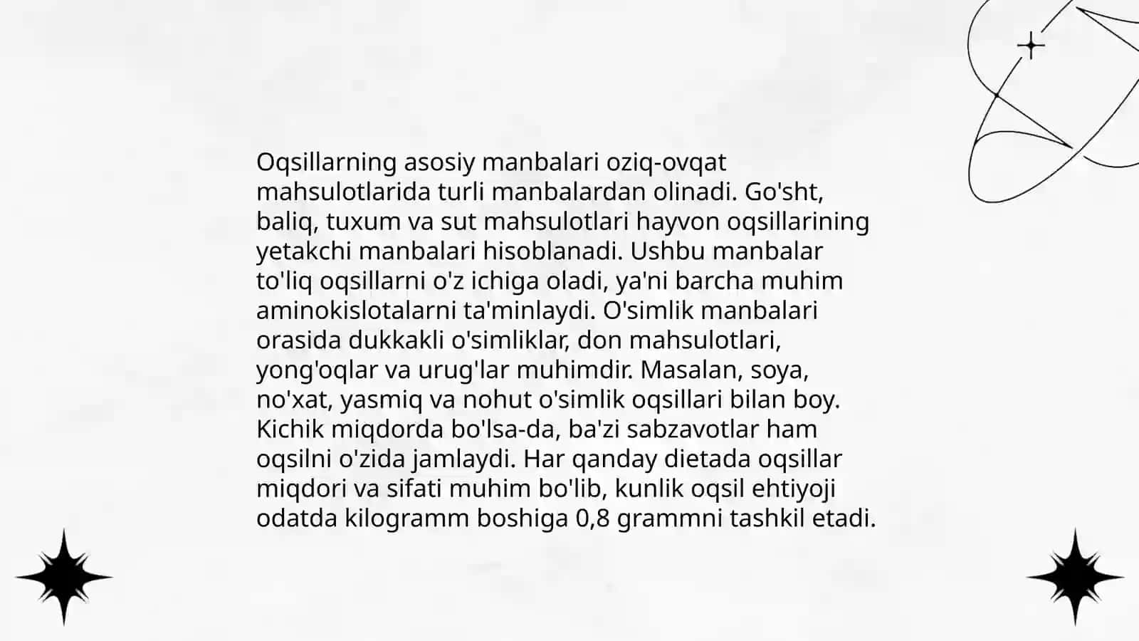 Asosiy ozuqaviy moddalar – oqsillar, yog‘lar, karbonsuvlar, mineral moddalar, vitaminlarning biologik roli va asosiy manbalari 4