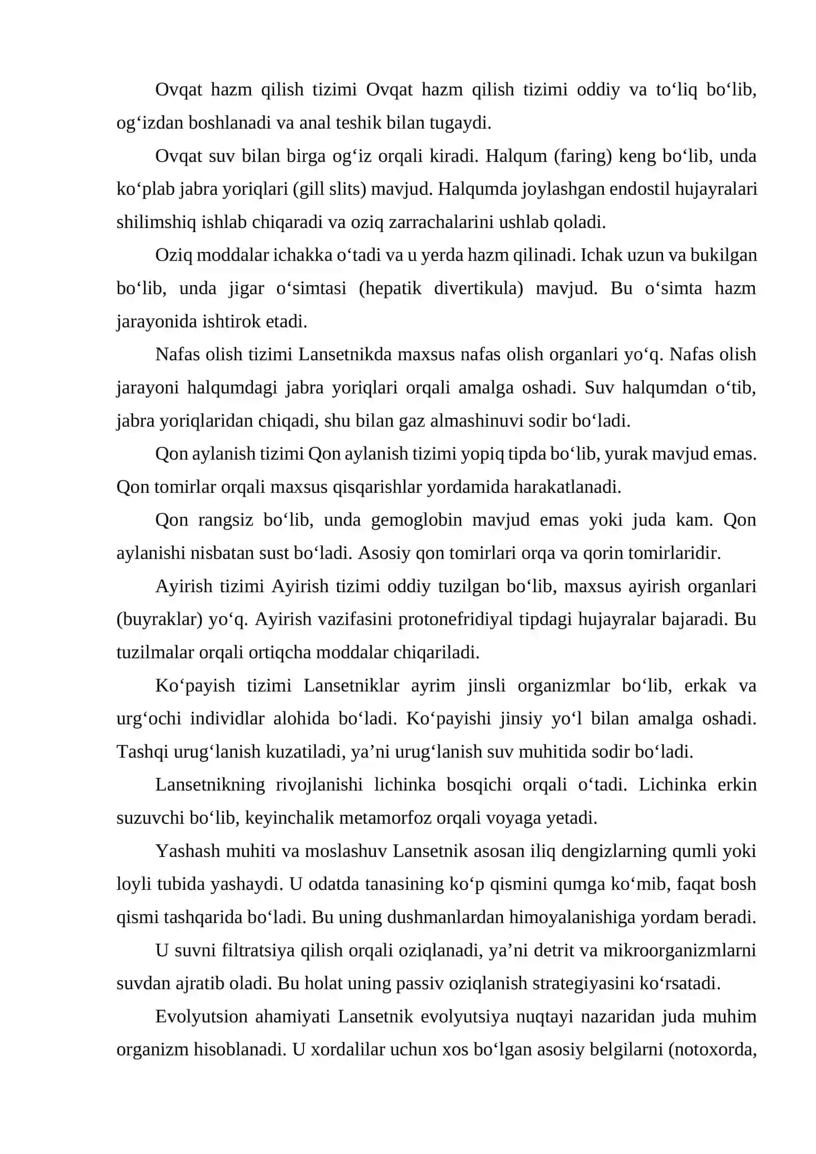 BOSH SKELETSIZLAR (ACRANIA) KENJA TIPI, XORDABOSHLILAR SINFI VAKILI - LANSETNIKNING TASHQI VA ICHKI TUZILISHI. 4