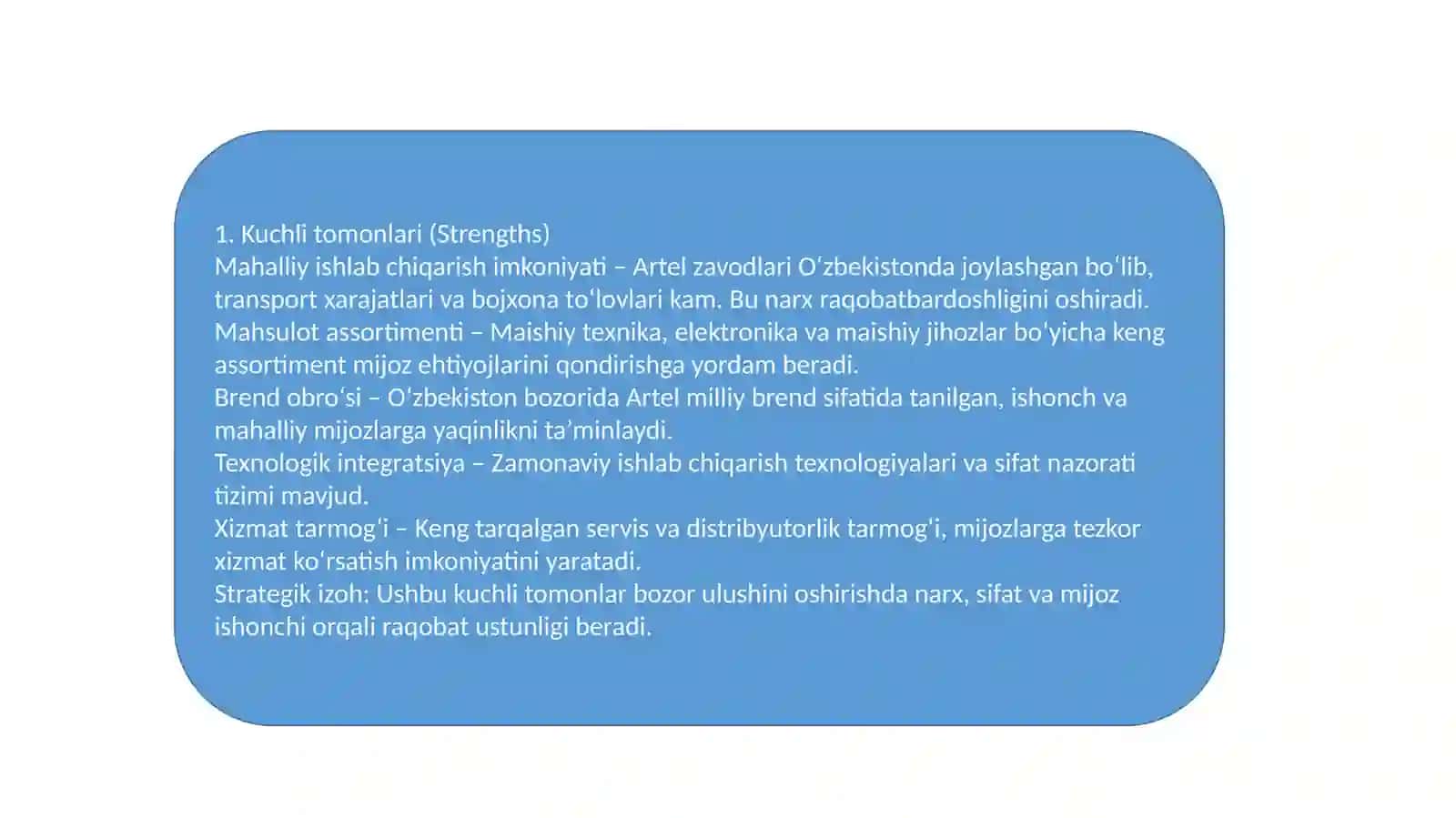 Artelkompaniyasining SWOT tahlili 4