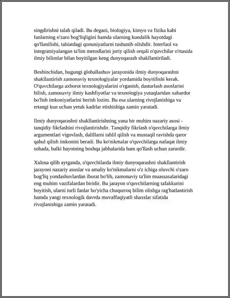 O'QUVCHILARNING ILMIY DUNYO QARASHINI SHAKILLANTIRISH 4