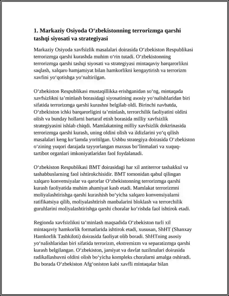 MARKAZIY OSIYODA XAVFSIZLIK MASALALARI, TERRORIZM, GIYOHVANDLIK VA ODAM SAVDOSIGA QARSHI KURASHDA O‘ZBEKISTON RESPUBLIKASINING FAOLLIGI 4