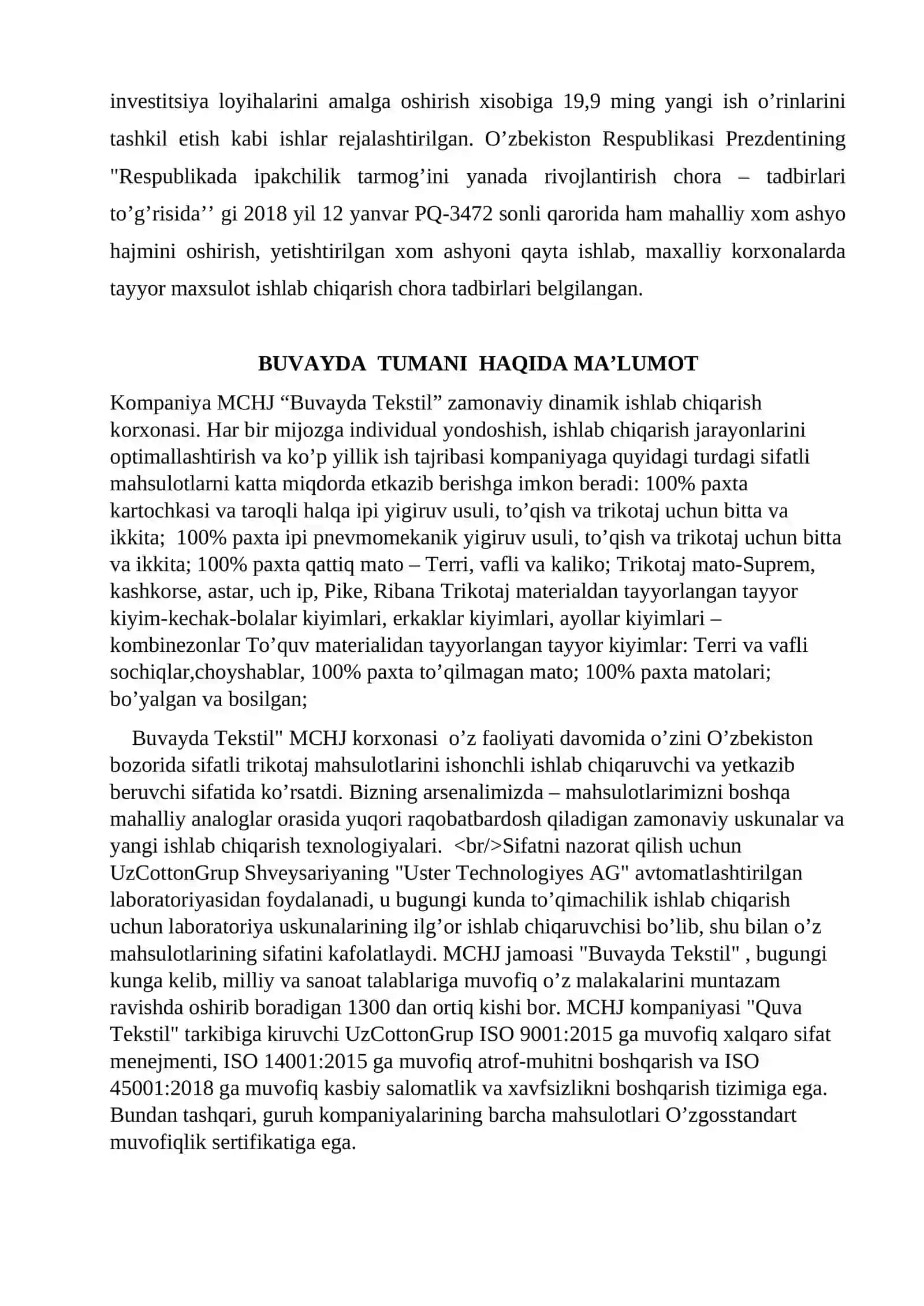 Farg’ona viloyati Buvayda tumanida byaz assortimentdagi to’qima ishlab chiqarish korxonasini loyihalash 4