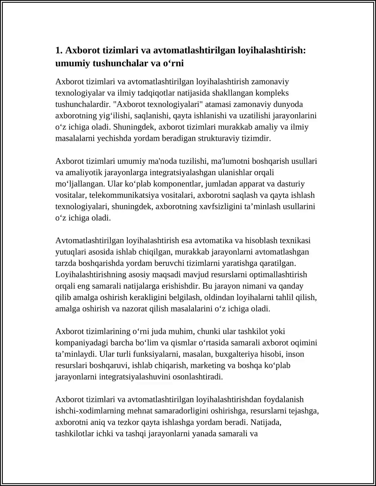 AXBOROT TEXNOLOGIYALARI VA TIZIMLARI 478-21 GURUH BERDISHUKUROV ODIL ABDURASULOVICH AXBOROT TIZIMLARI VA AVTOMATLASHTIRILGAN LOYIHALASHTIRISH OʻRNI 4