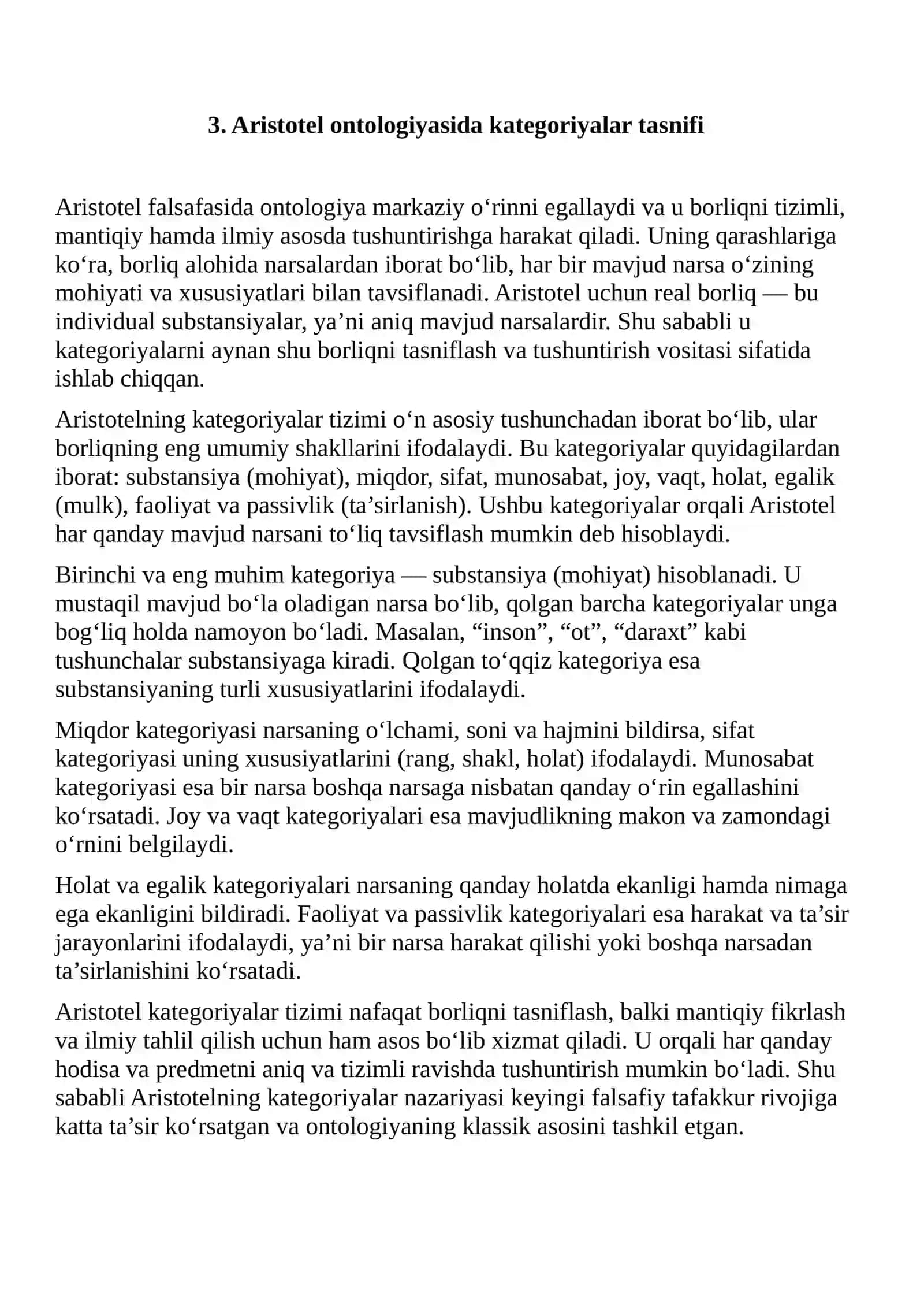 ARISTOTEL, FAROBIY VA KANT ONTOLOGIYASIDA KATEGORIYALAR TASNIFI 4