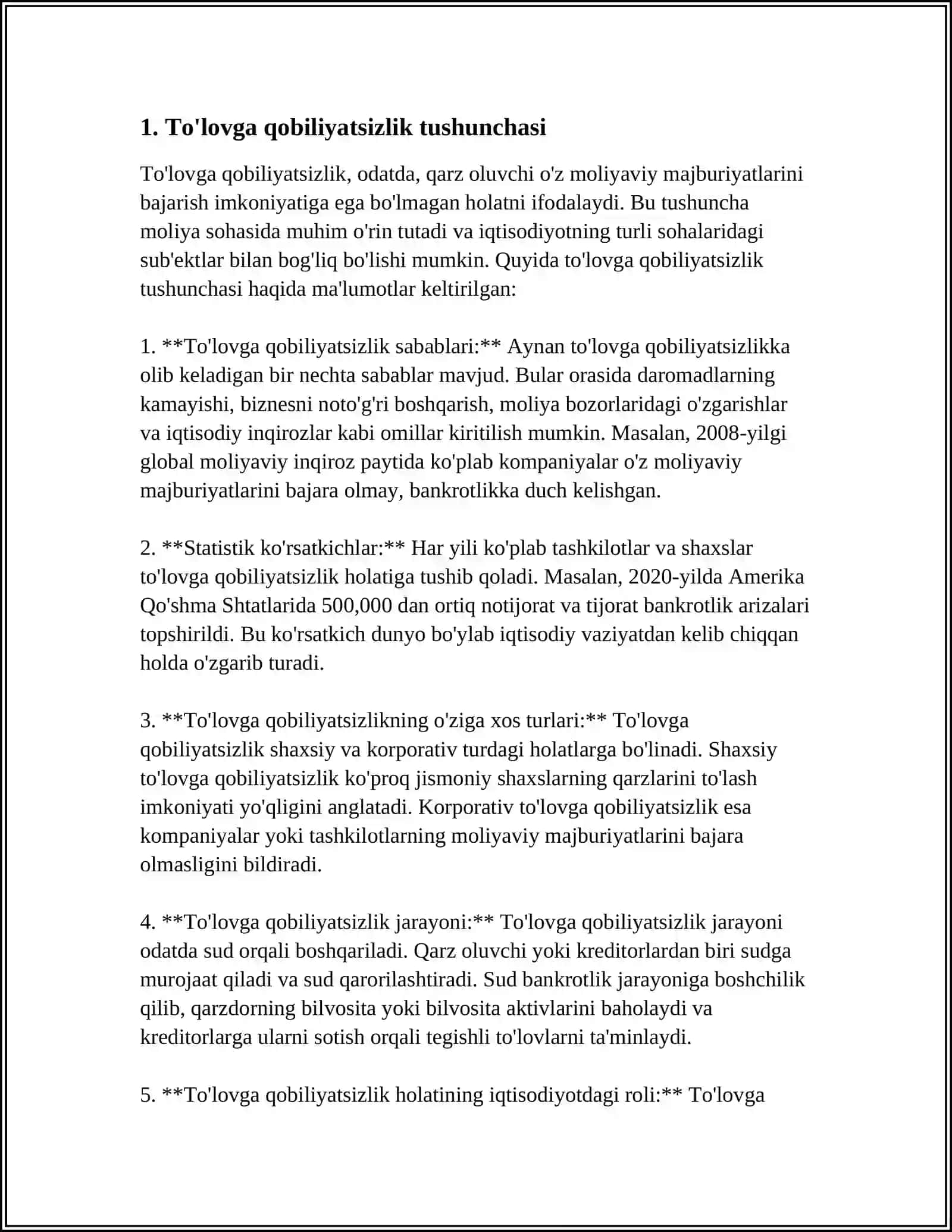 MUSTAQIL ISH Mavzu: TADBIRKORLIK SUBYEKTLARNING TOʼLOVGA QOBILIYATSIZLIGI 4