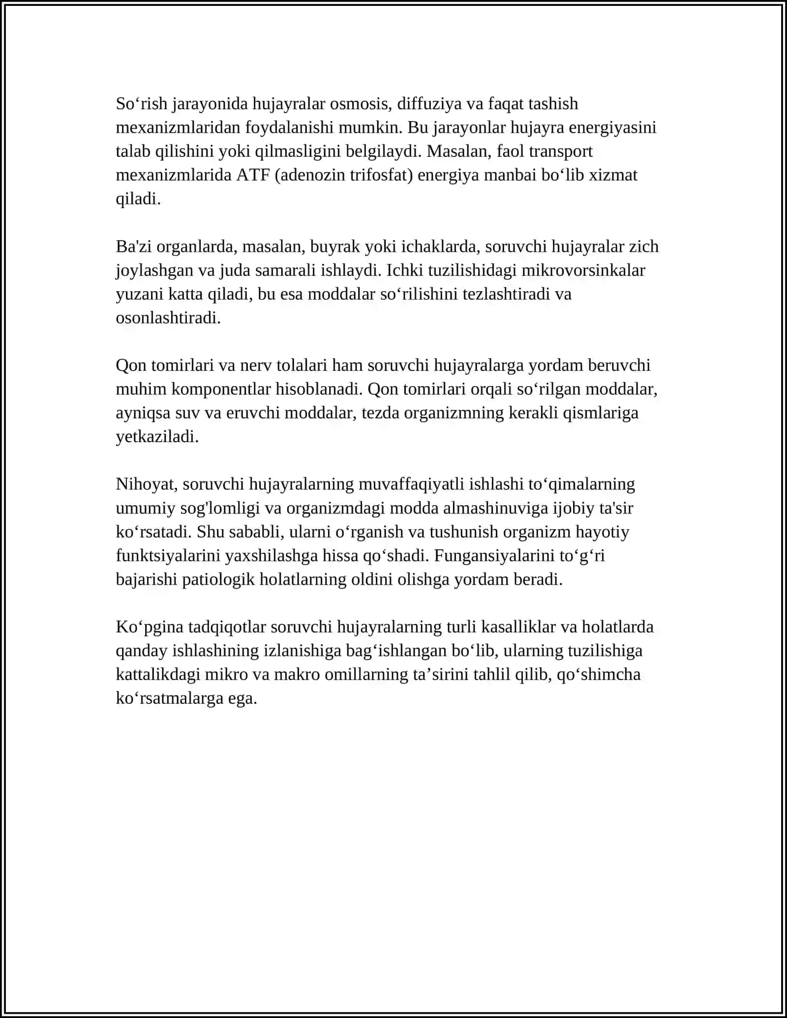 SORUVCHI,SEKRETOR,QISQARUVCHI HUJAYRALARNING IMPULS ÒTKAZUVCHI,IMPULS HOSIL QILUVCHI VA TRANSPORT HUJAYRALARING VAZIFASIGA KÒRA GISTOLOGIK TUZILISHIDAGI ÒZIGA XOSLIK 4