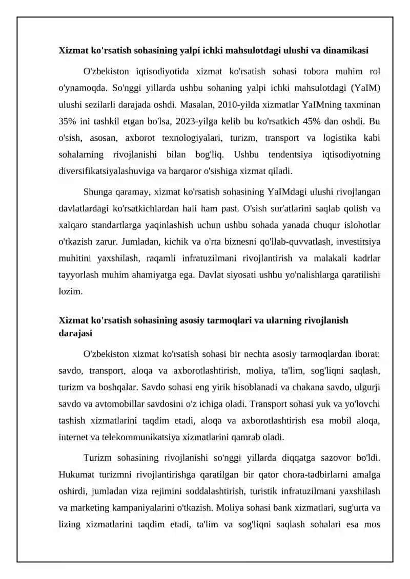 O‘zbekistonda xizmatlar sohasining hozirgi holati va uning aholi turmush darajasiga ta’siri 4