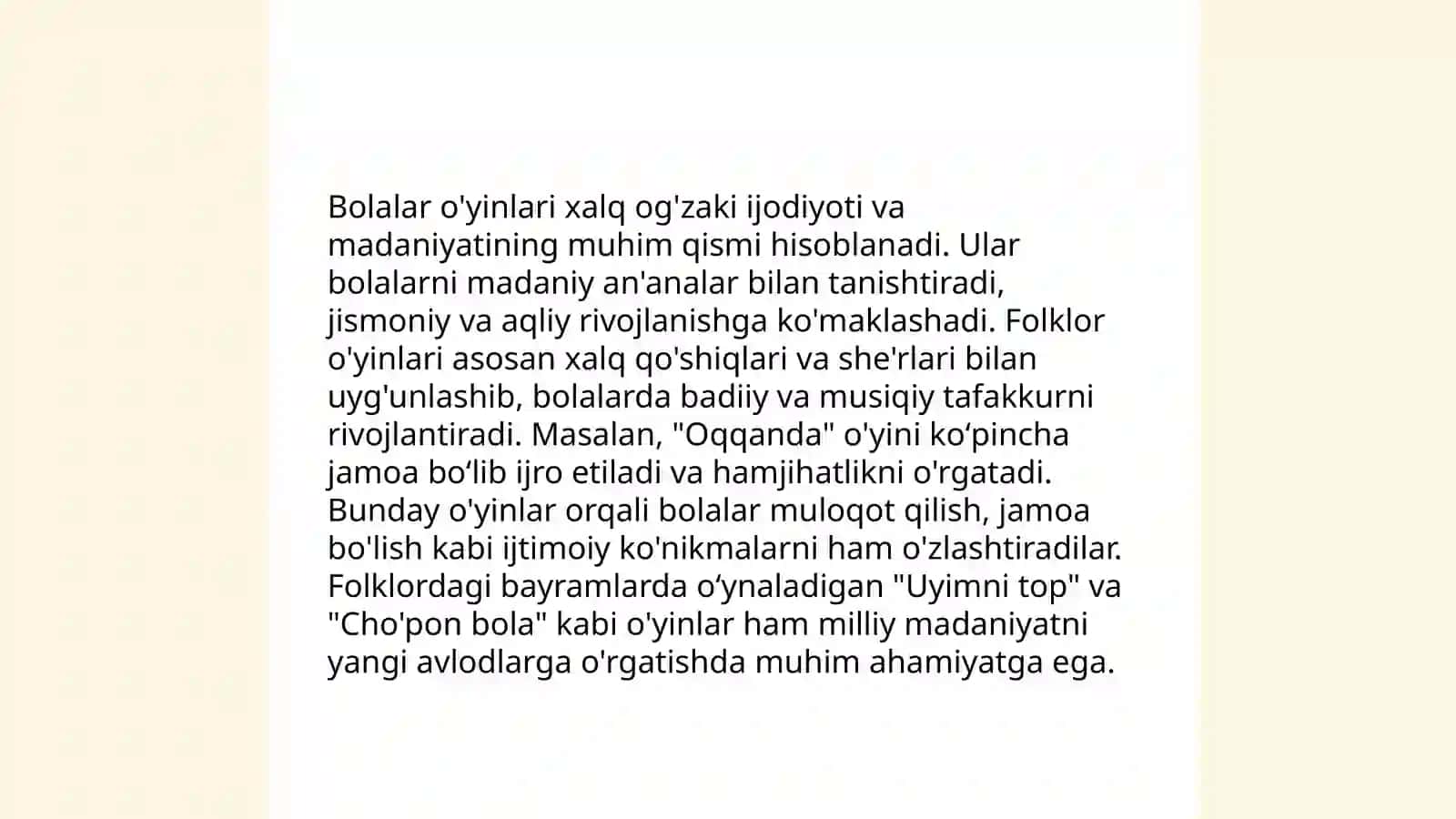 Bolalar folklori namunalarining oʻziga xos belgilarini aniqlash 4