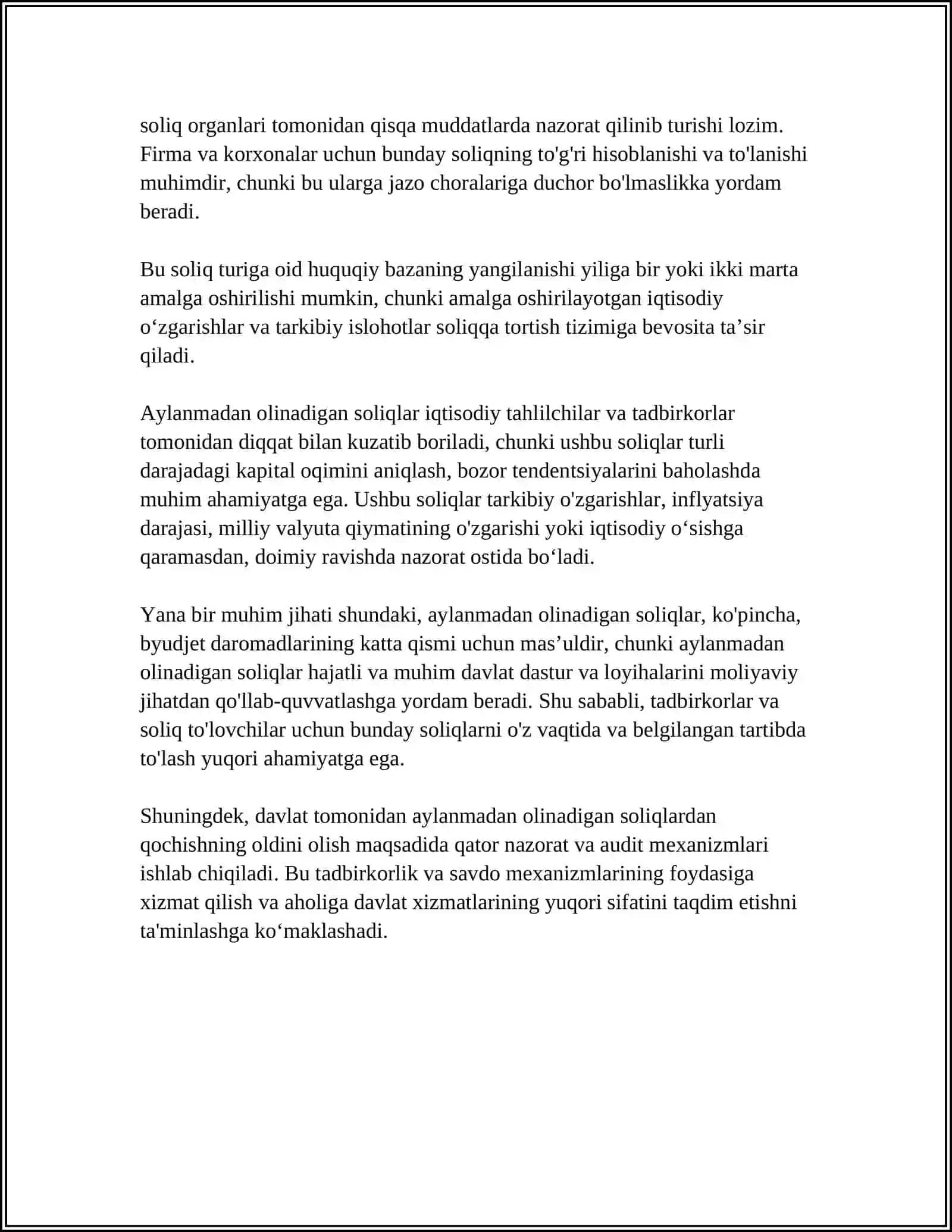 AYLANMADAN OLINADIGAN SOLIQ TO'LOVCHILARI VA ULARNI SOLIQQA TORTISHNING O'ZIGA XOSLIGI 4