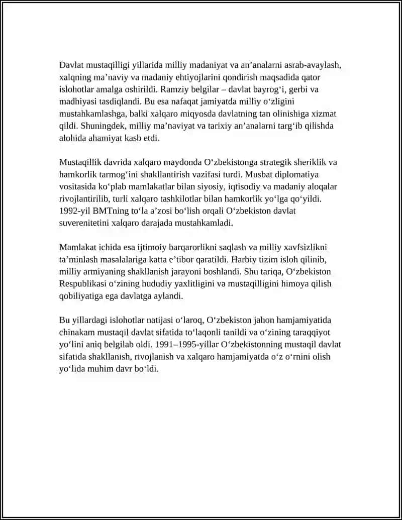 OʻZBEKISTON MUSTAQILLIKKA ERISHISHI VA MUSTAQIL DAVLAT SIFATIDA SHAKLLANISHI (1991–1995-YILLAR) 4