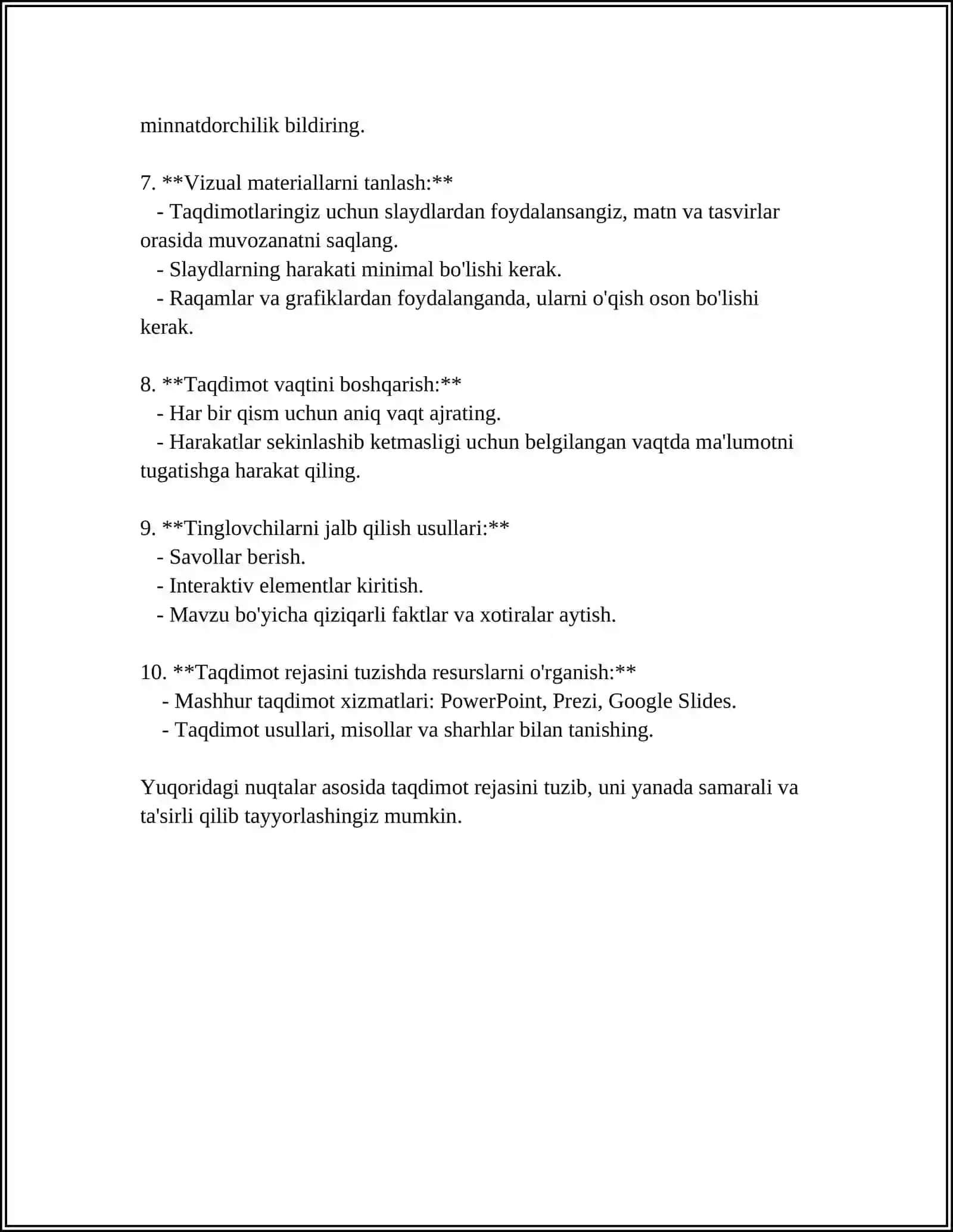 TAQDIMOT TAYYORLASH VA TAQDIM ETISH USUL VA VOSITALARI 4