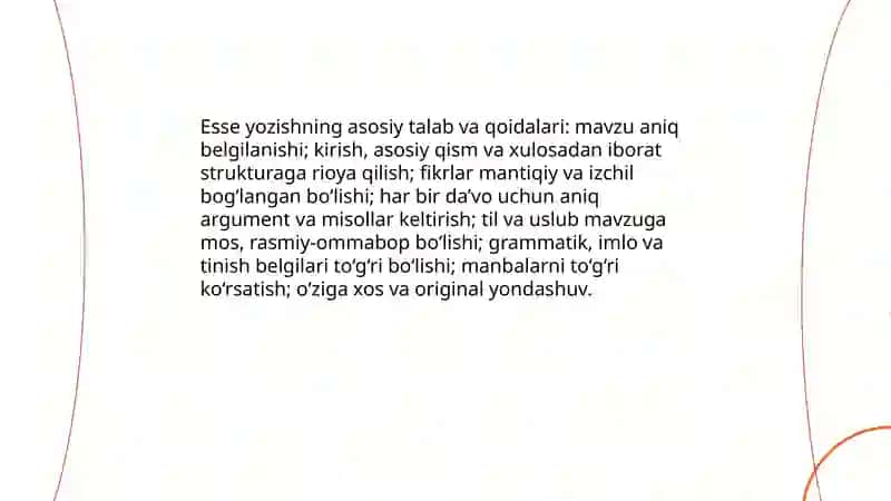 Esse janrining talablari va ta'rifiga ko'ra matn 4
