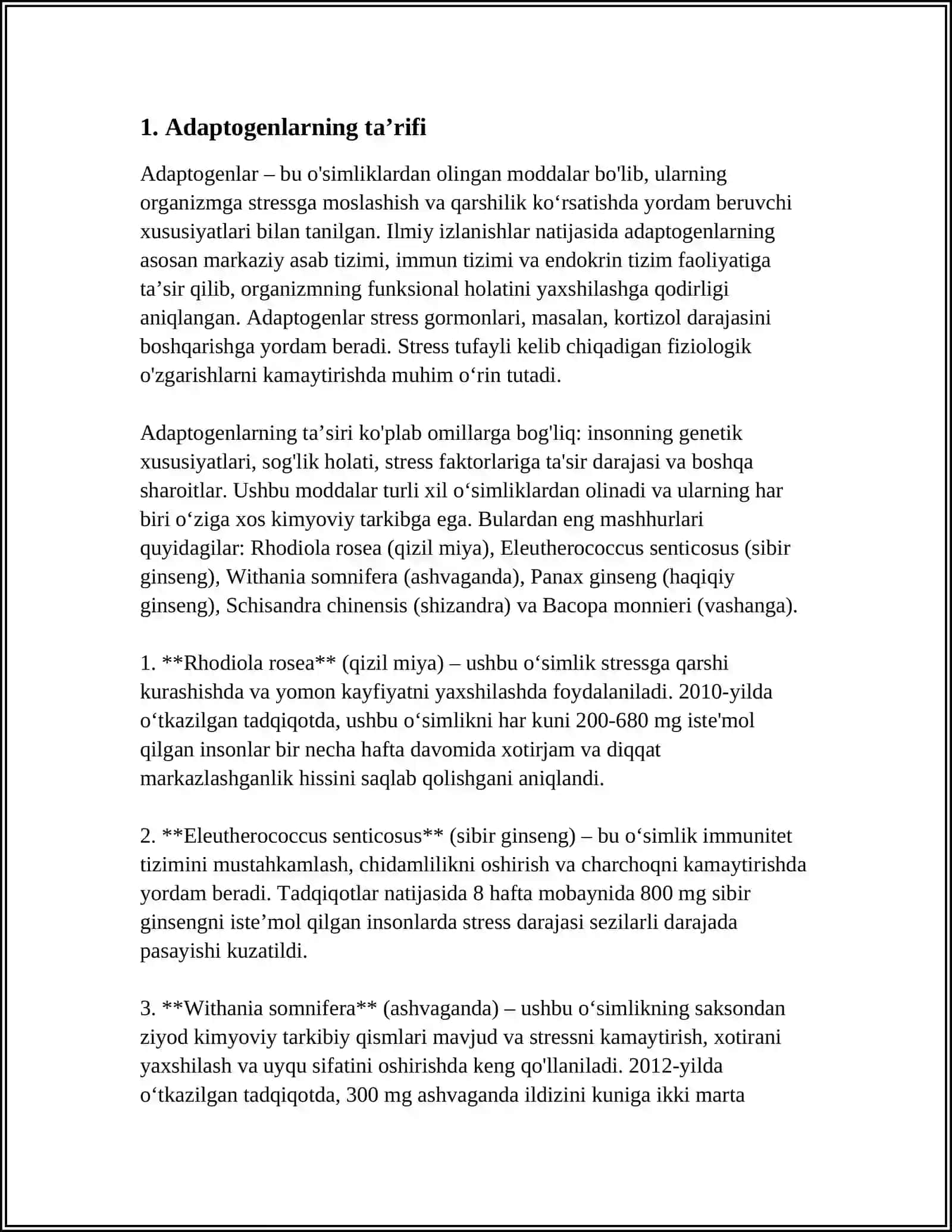 ODAM ORGANIZMI TONUSINI KUCHAYTIRUVCHI DORI VOSITALARI. ADAPTOGENLAR 4