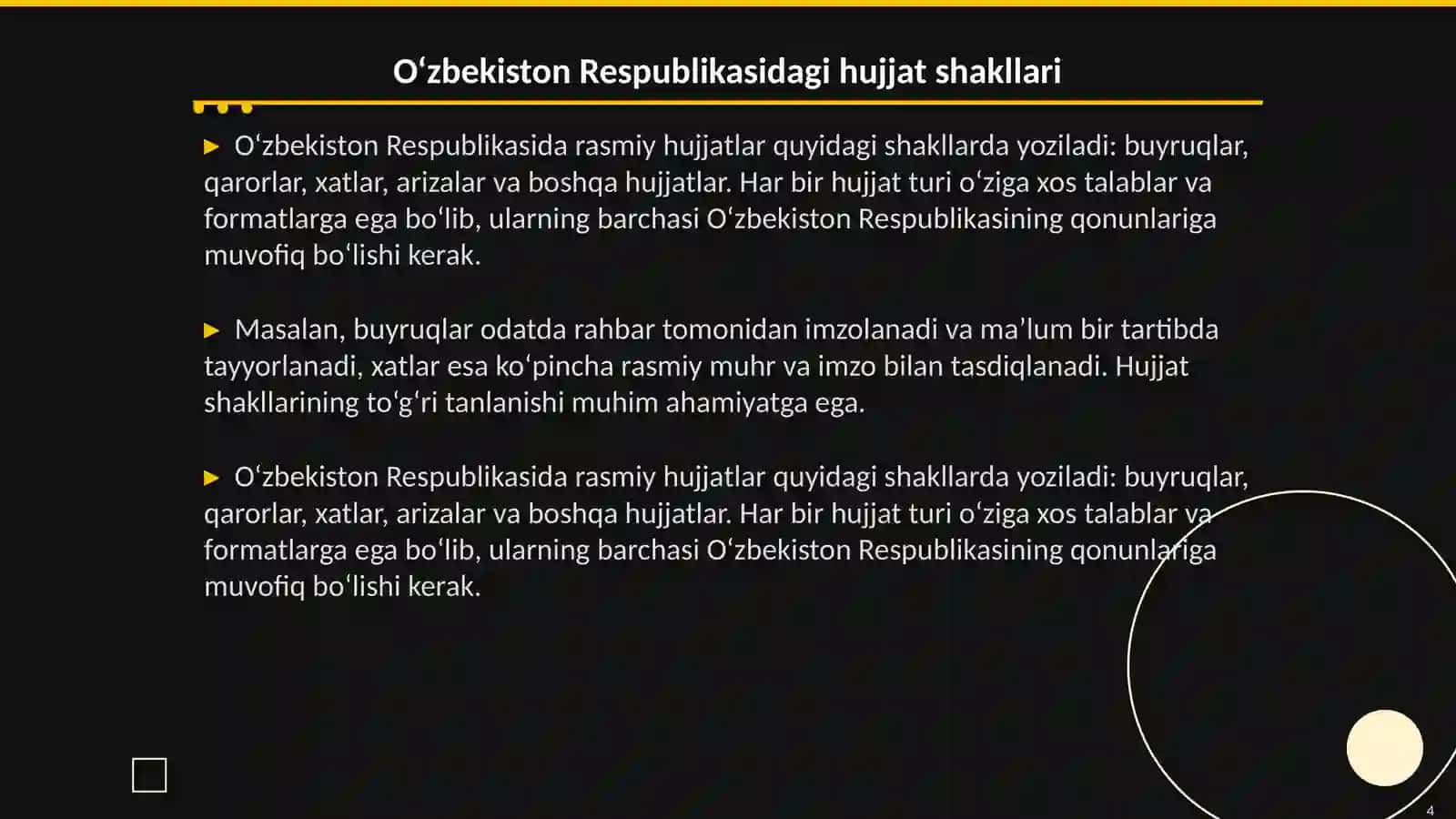 Rasmiy hujjatlarni yozishning huquqiy-me’yoriy asoslari, hujjat shakllari va ularni tahrir qilish malakasi 4