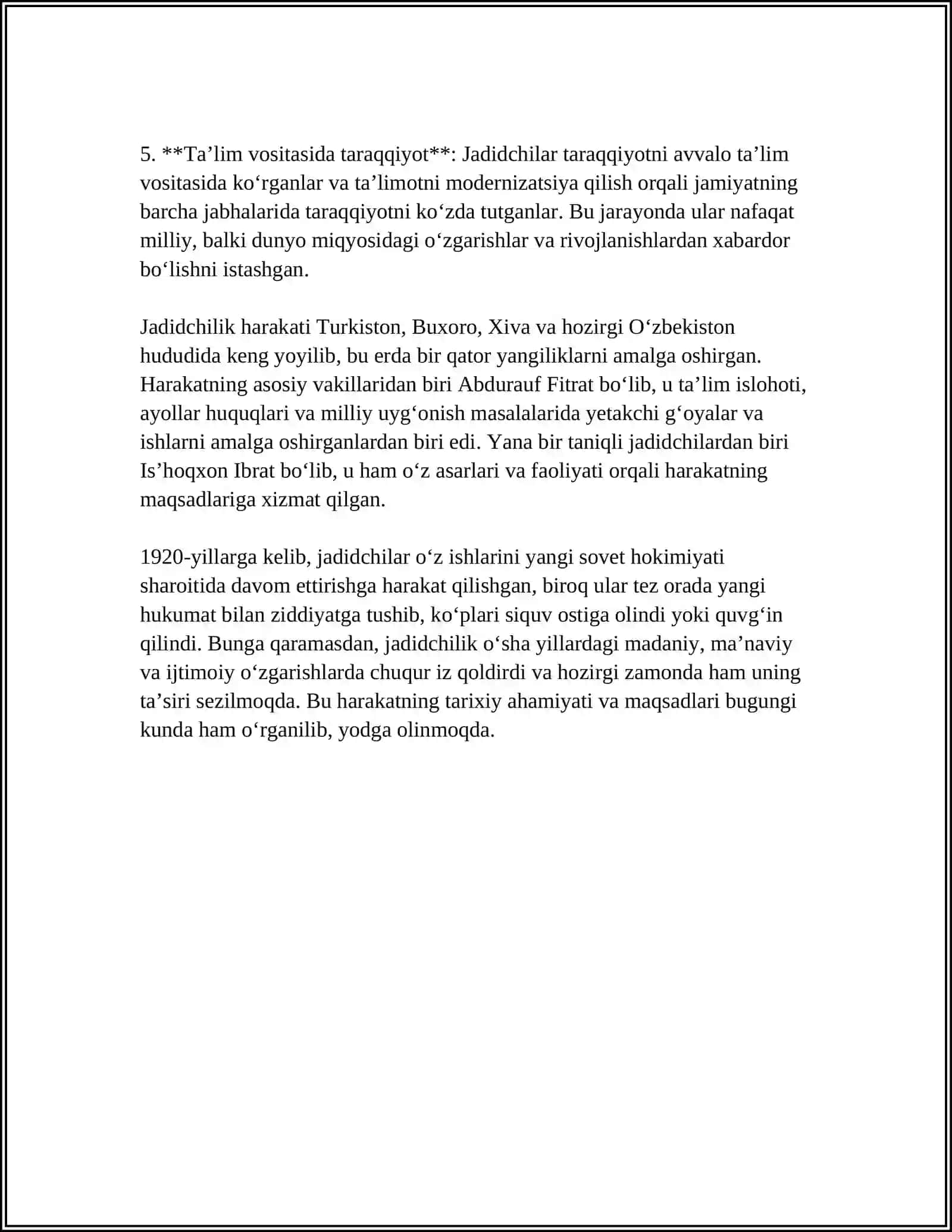 MUSTAQIL ISH Mavzu: JADID MARIFATPARVARLARINING OʻLKA IJTIMOIY-MADANIY HAYOTIDA TUTGAN OʻRNI (MUNAVVAR QORI, FITRAT, BEHBUDIY, AVLONIY VA BOSHQ.) 4