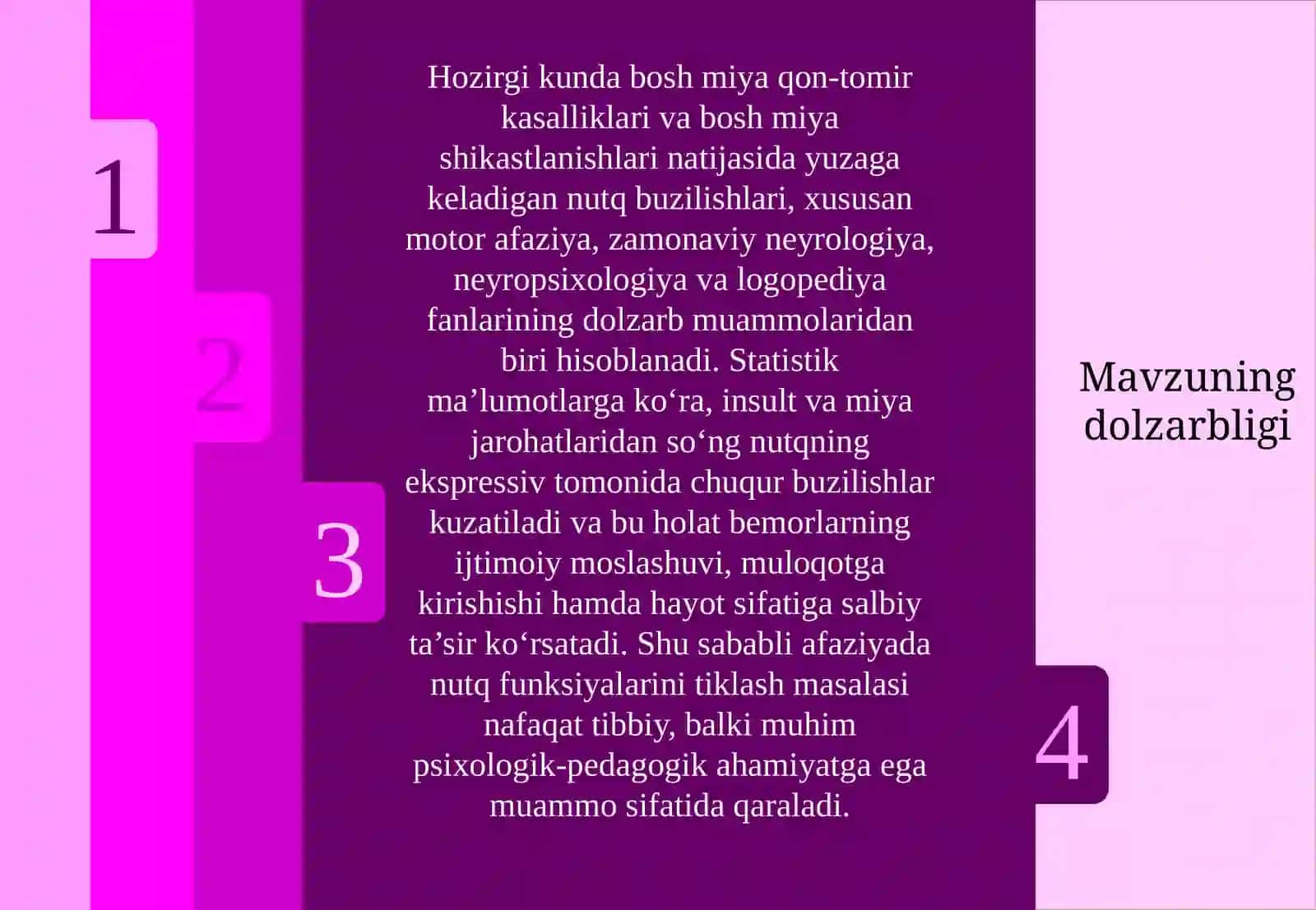 "Motor afaziyada nutqni tiklashning erta bosqichida olib boriladigan logopedik ishlar" mavzusidagi BITIRUV MALAKAVIY ISHI TAQDIMOTI 4