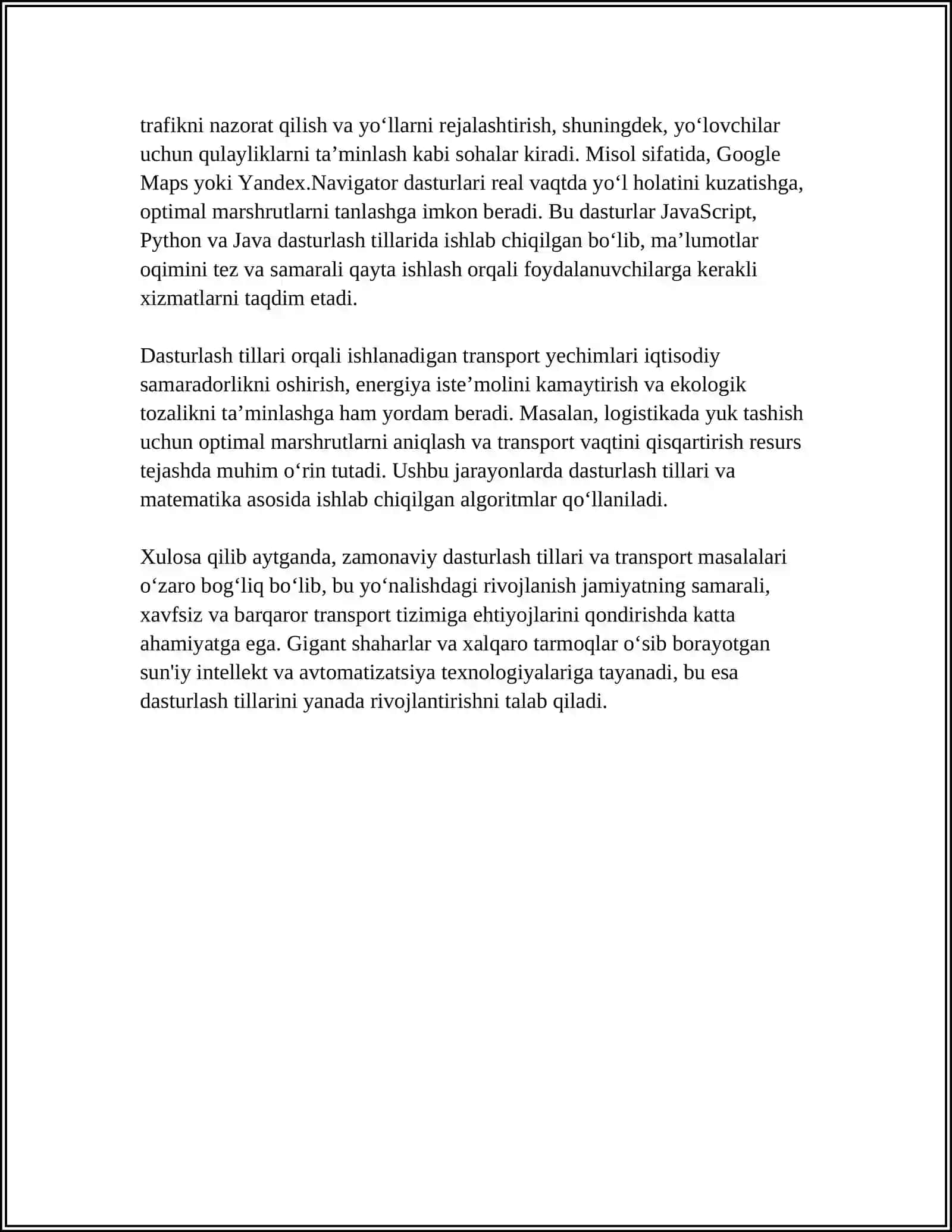 TRANSPORT MASALASI UCHUN ZAMONAVIY DASTURLASH TILLARIDA KOMPYUTERLAR MODEL YARATISH 4