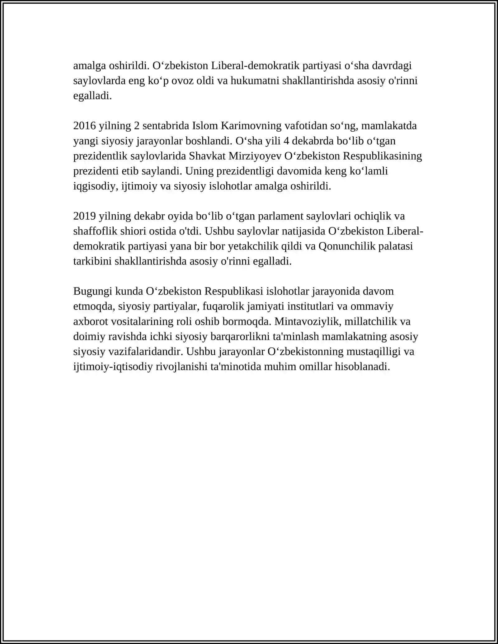 OʻZBEKISTONNING OʻZIGA XOS ISTIQLOL VA TARAQQIYOT YOʻLI. TARAQQIYOTNING "OʻZBEK MODELI " VA UNING OʻZIGA XOS XUSUSIYATLARI 4