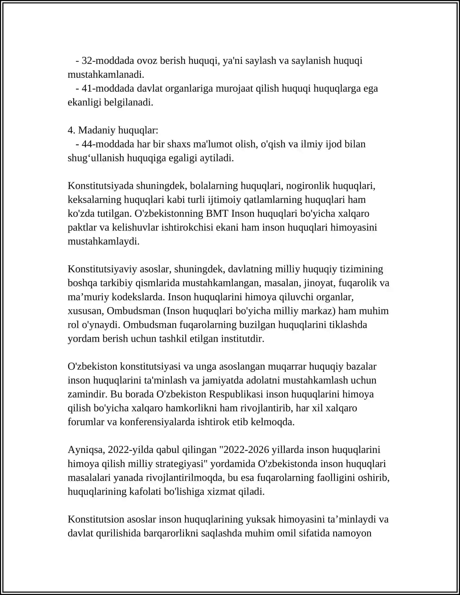 OʻZBEKISTONDA INSON HUQUQLARI VA ERKINLIKLARI YARATILISHINING KAFOLATI 4